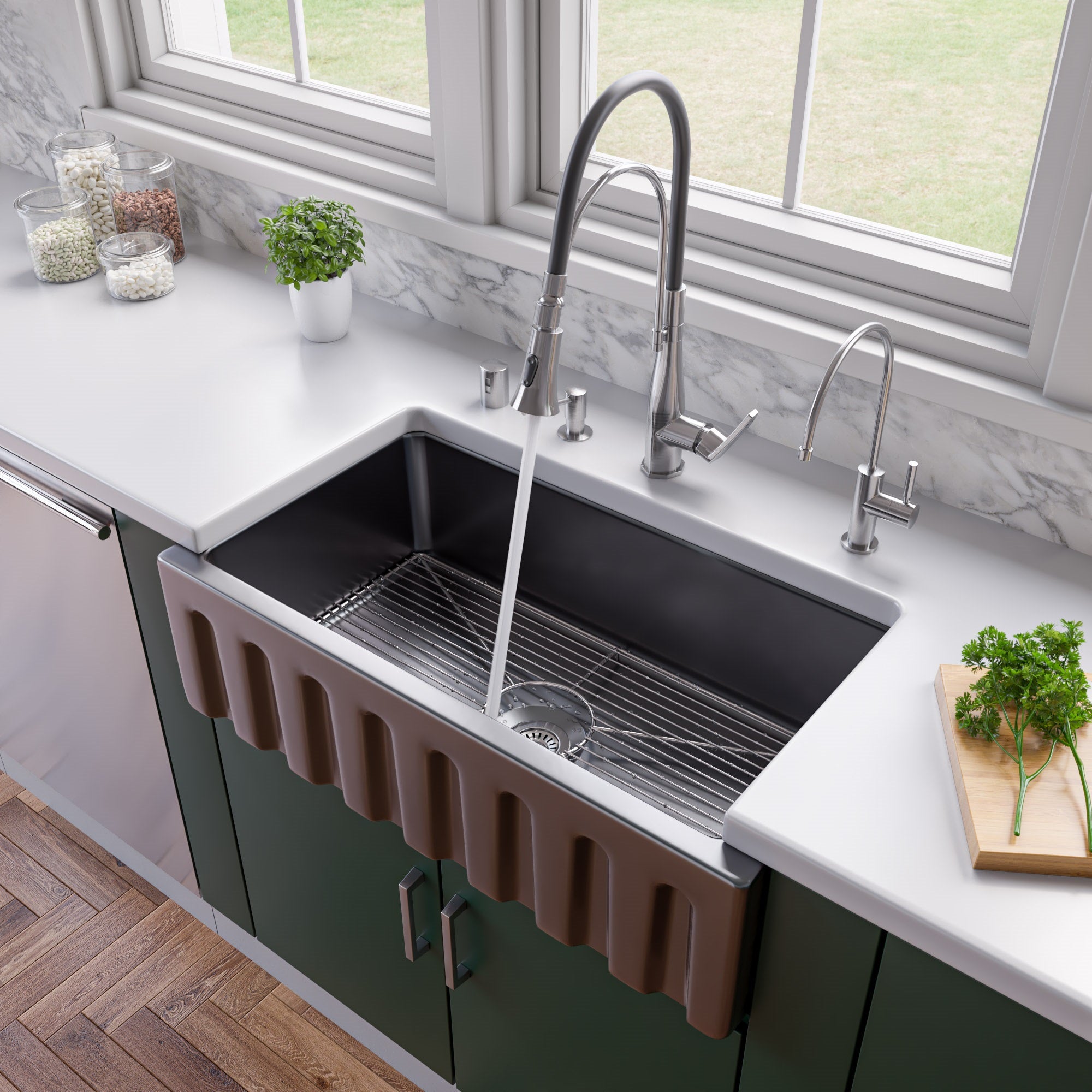 ALFI brand AB3318HS 33" x 18" Reversible Fluted / Smooth Fireclay Farm Sink