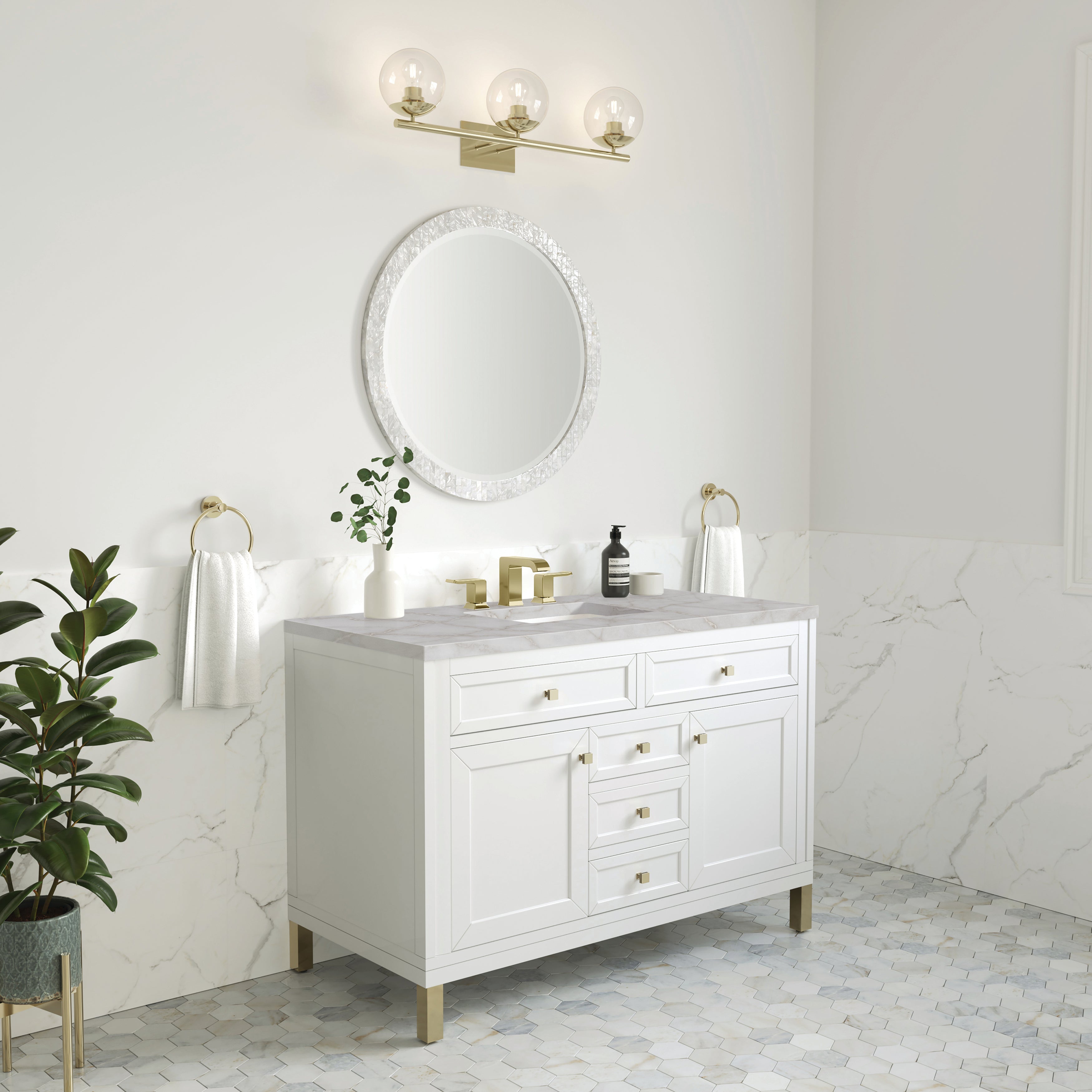 James Martin Chicago 48" Single Vanity in Glossy White with 3cm Countertop and FreePower Wireless Charger