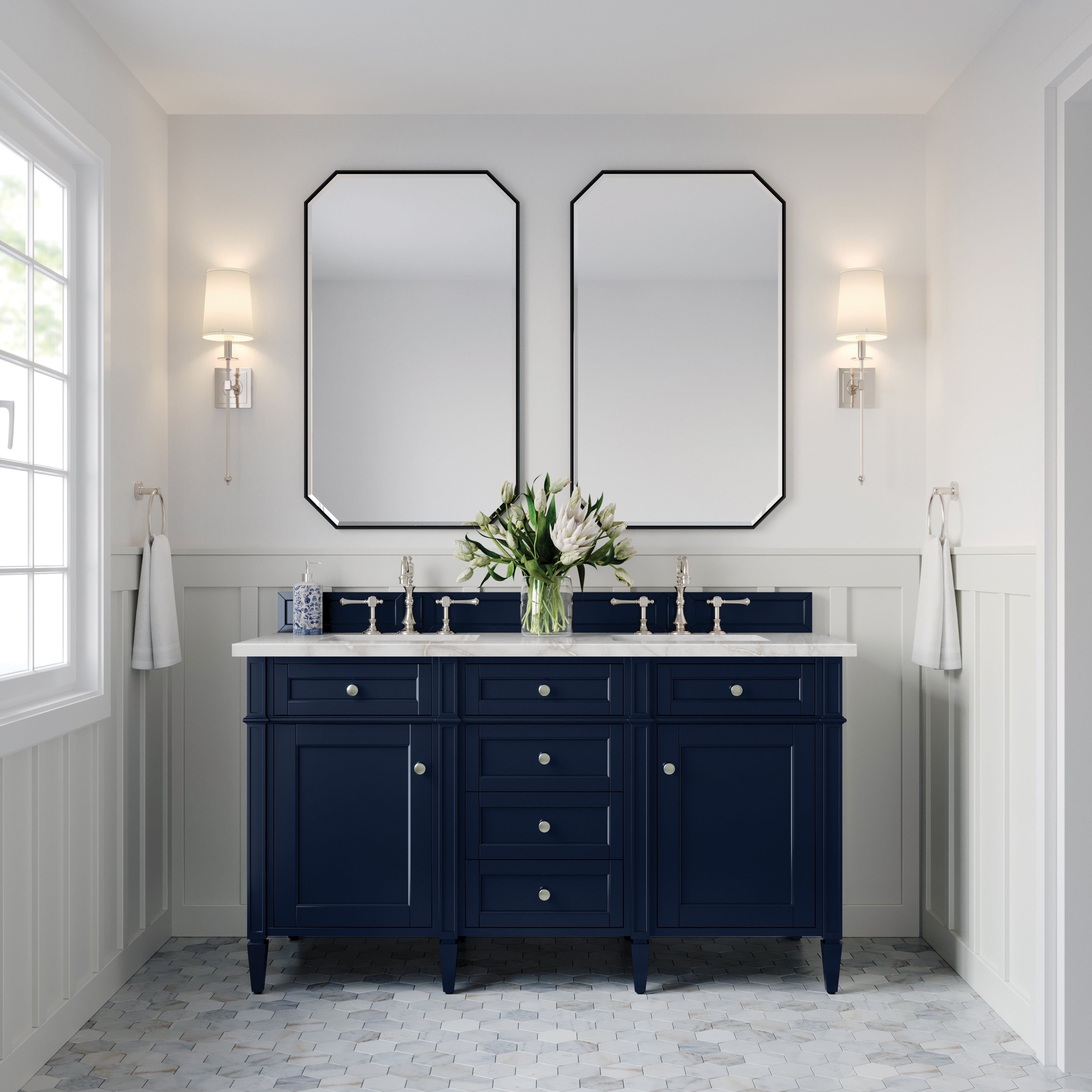 James Martin Brittany 60" Double Vanity in Victory Bleu with 3cm Countertop and FreePower Wireless Charger