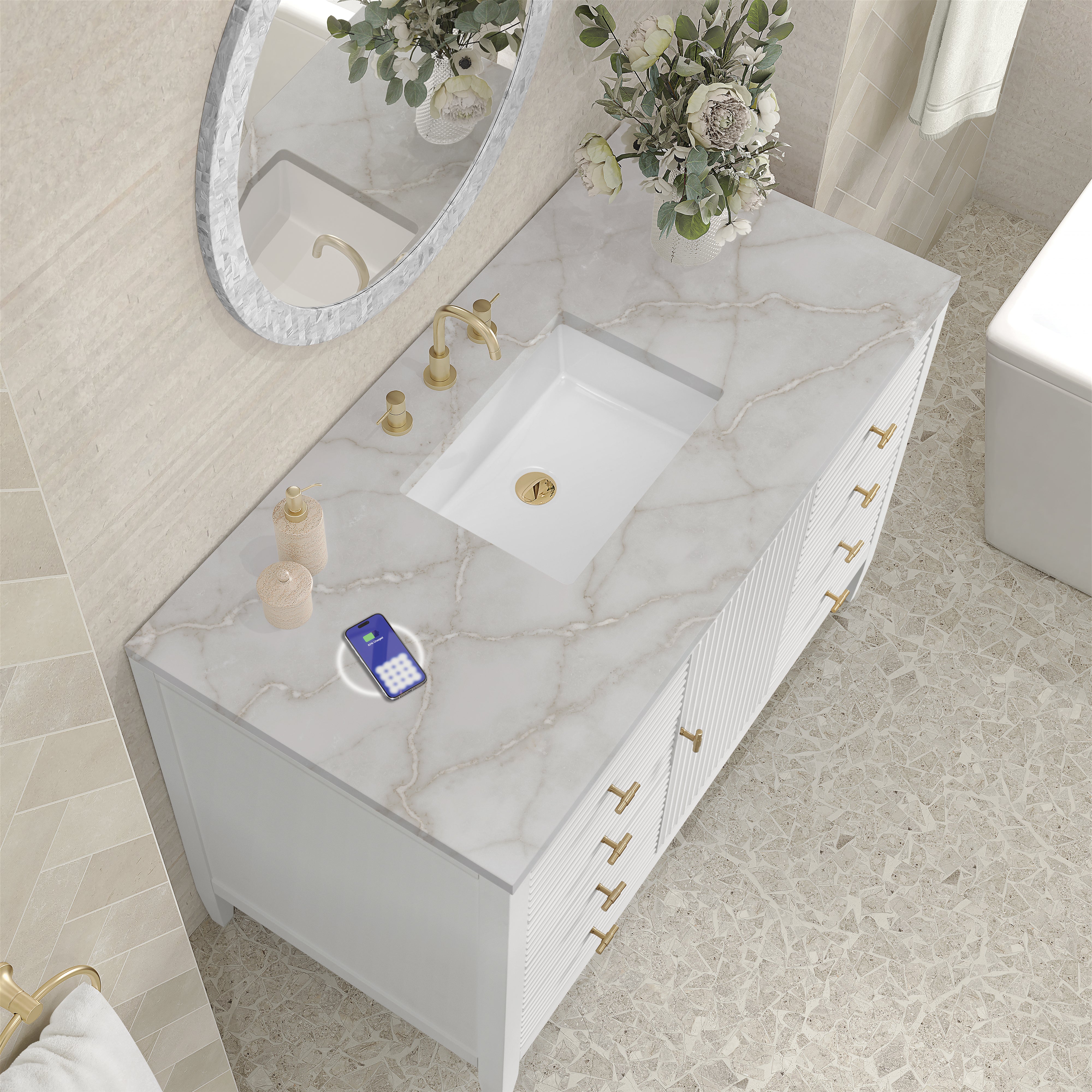 James Martin Myrrin 48" Single Vanity in Bright White with 3cm Countertop and FreePower Wireless Charger
