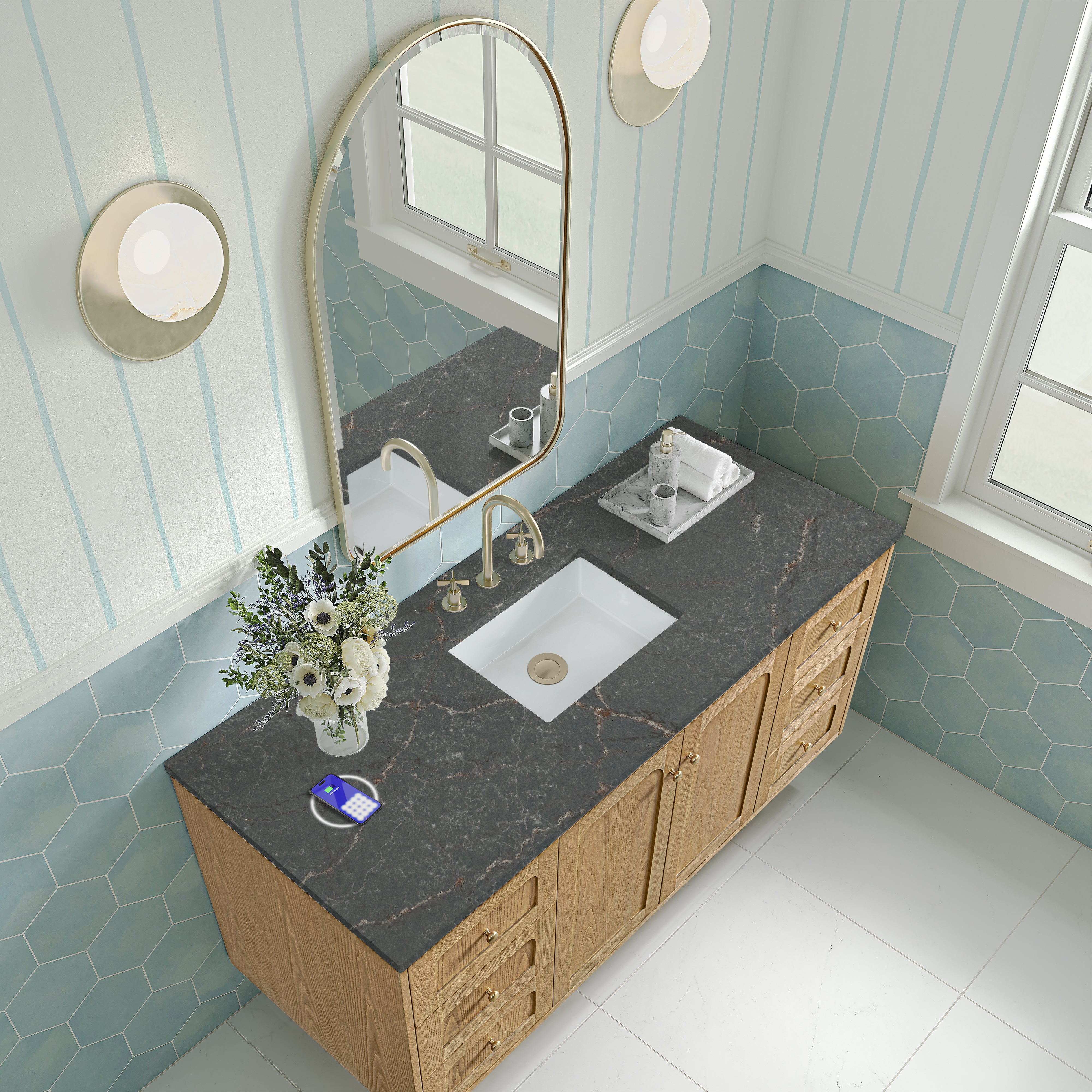 James Martin Laurent 60" Single Vanity in Light Natural Oak with 3cm Countertop and FreePower Wireless Charger