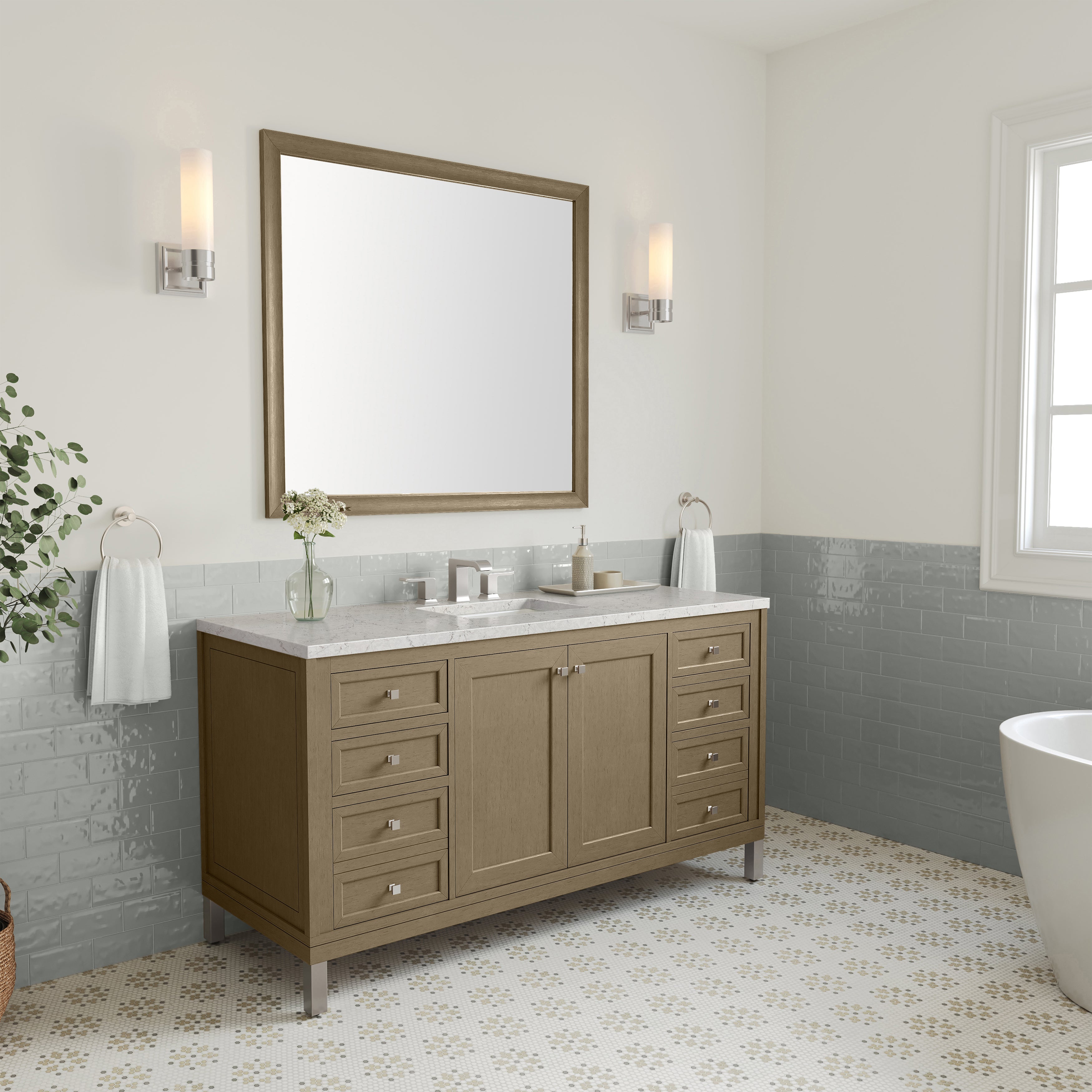 James Martin Chicago 60" Single Vanity in Walnut Whisper with 3cm Countertop and FreePower Wireless Charger