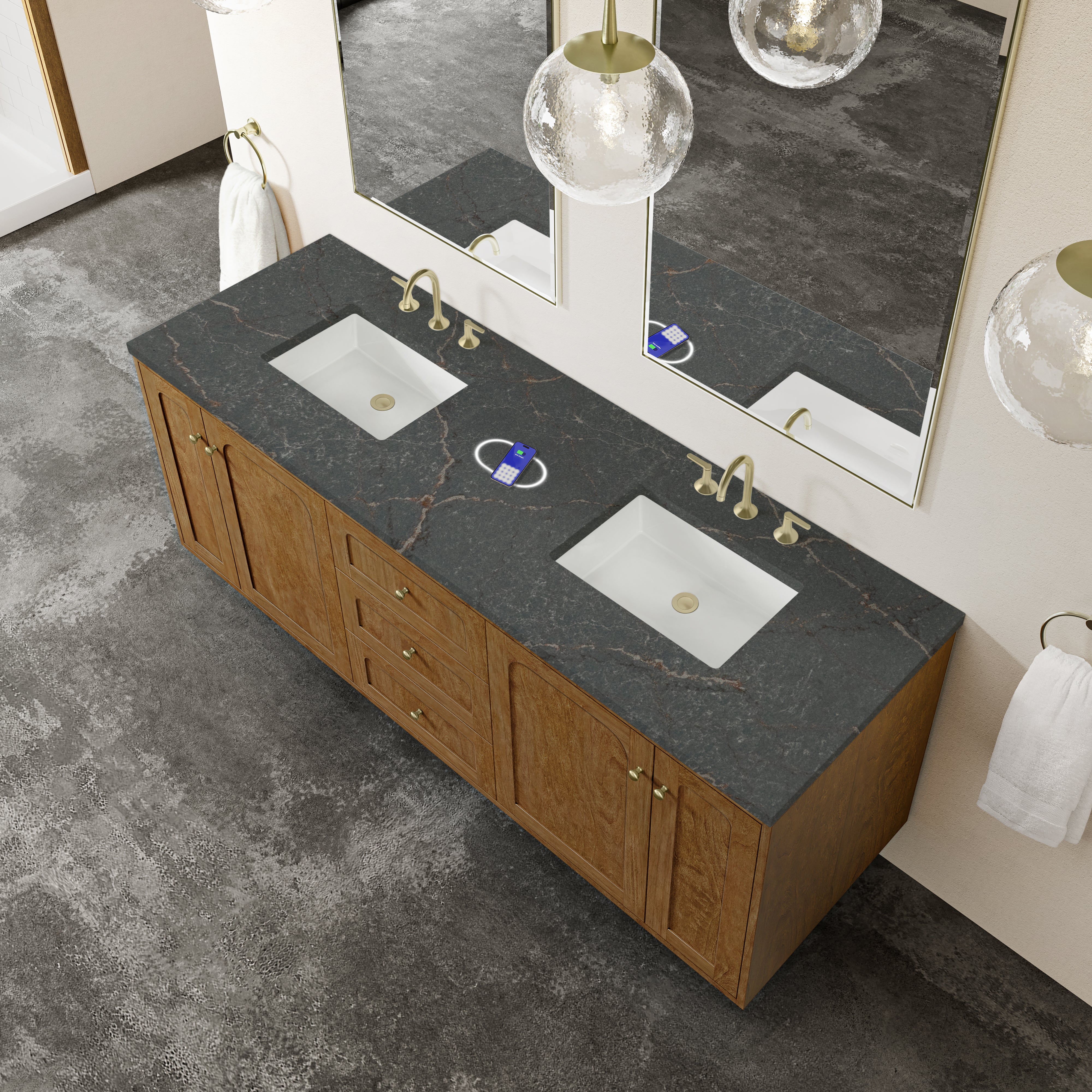 James Martin Laurent 72" Double Vanity in Honey Oak with 3cm Countertop and FreePower Wireless Charger