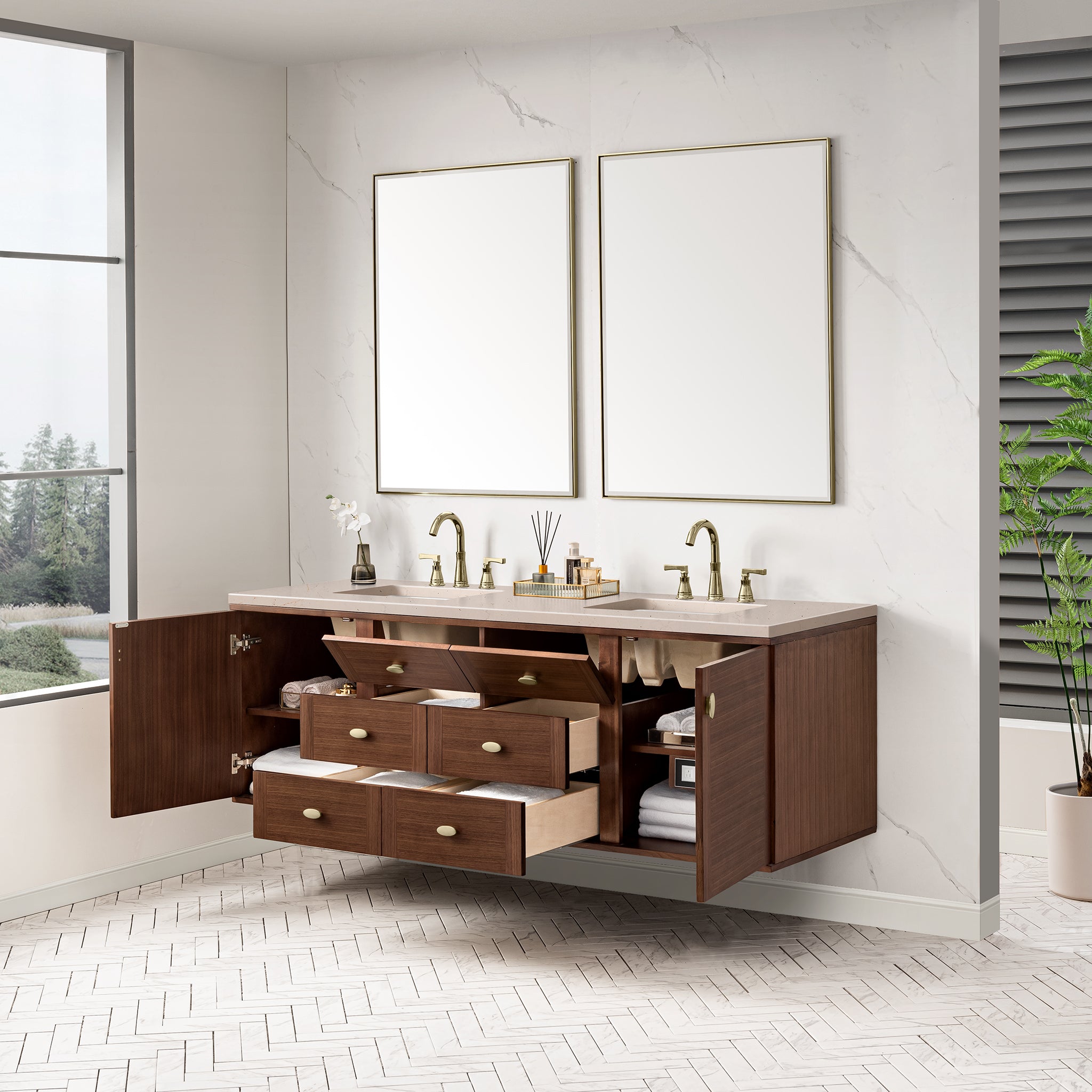 James Martin Amberly 72" Double Vanity in Mid-Century Walnut with 3cm Countertop