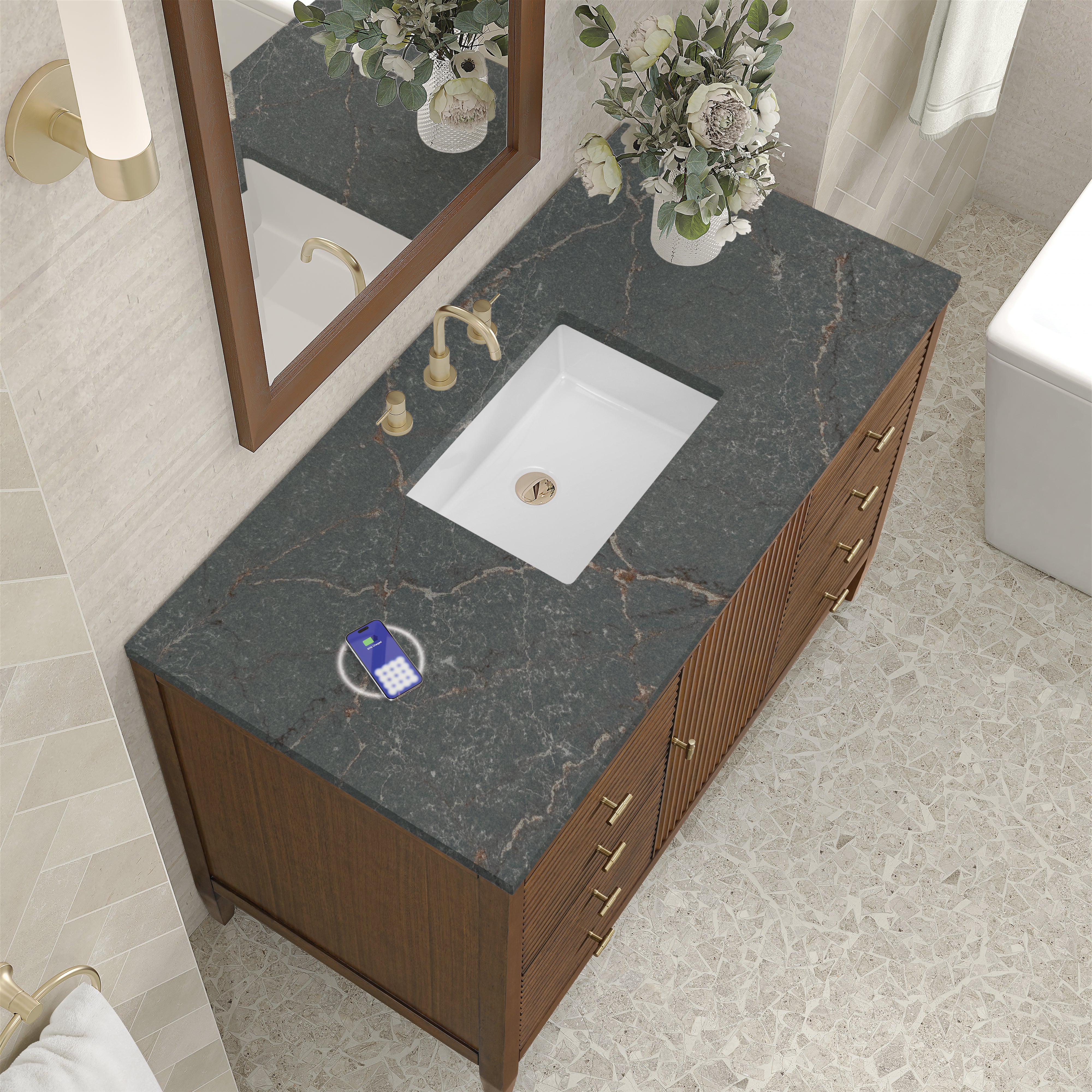 James Martin Myrrin 48" Single Vanity in Mid Century Walnut with 3cm Countertop and FreePower Wireless Charger
