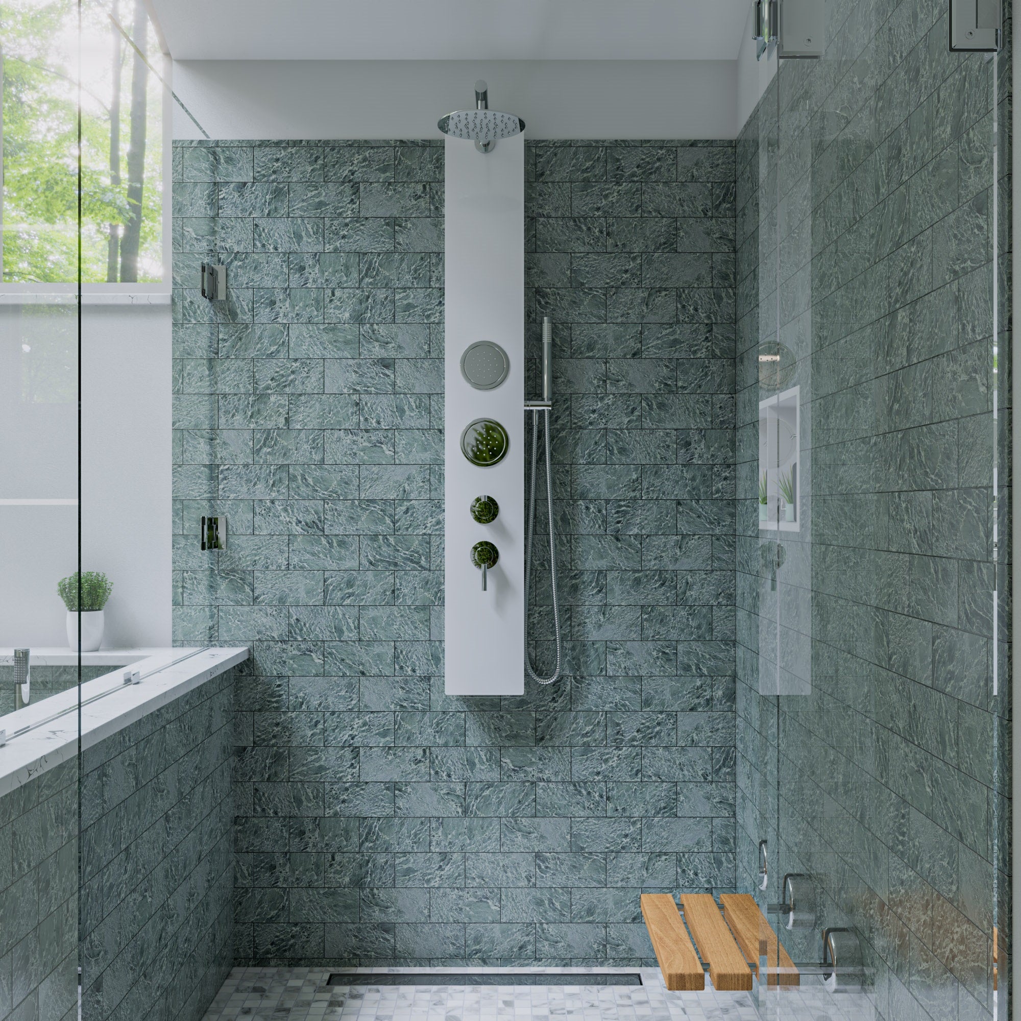 ALFI brand  ABSP50W White Glass Shower Panel with 2 Body Sprays and Rain Shower Head