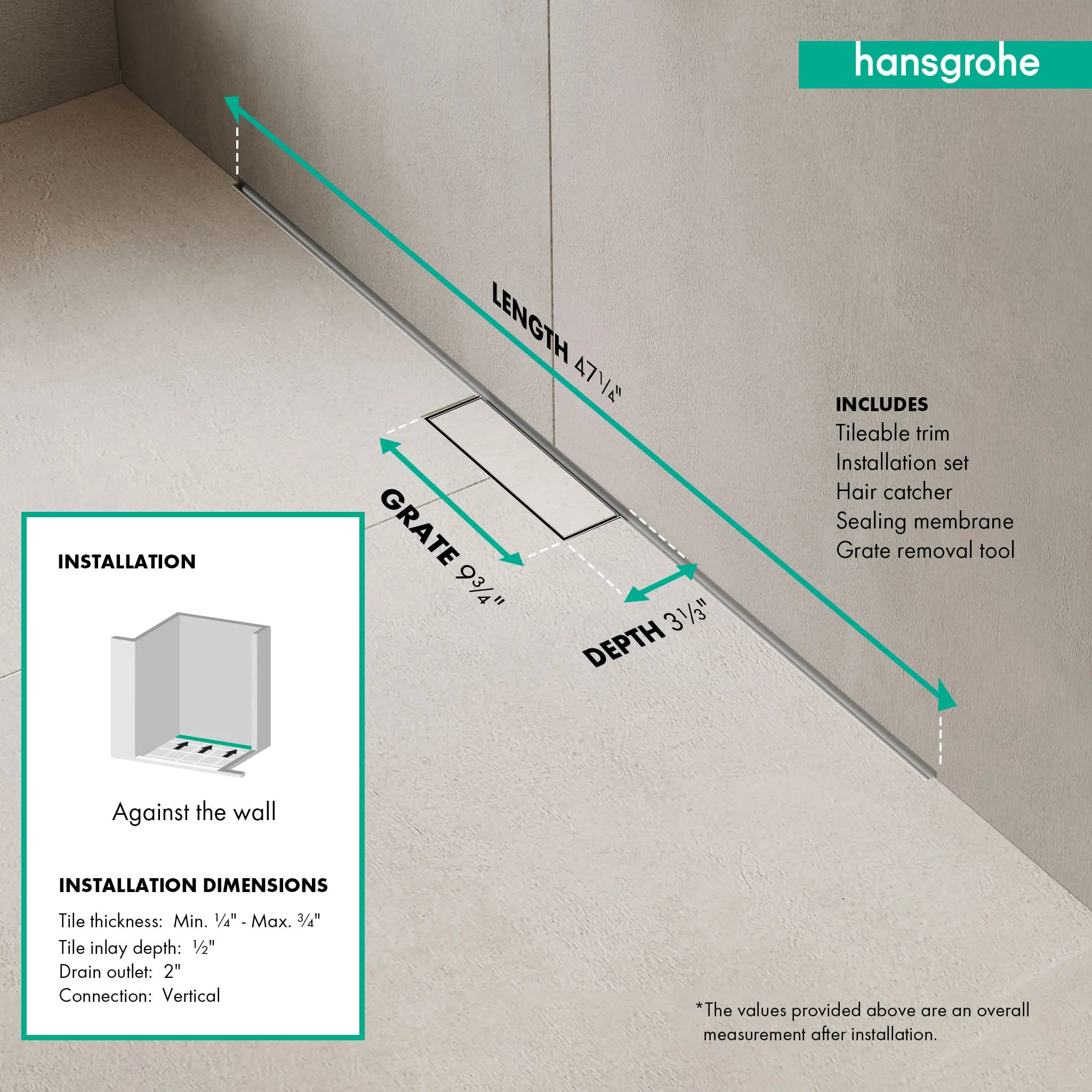 RainDrain Minimalistic Complete Set 2", 47 1/4" Trim and Installation Set