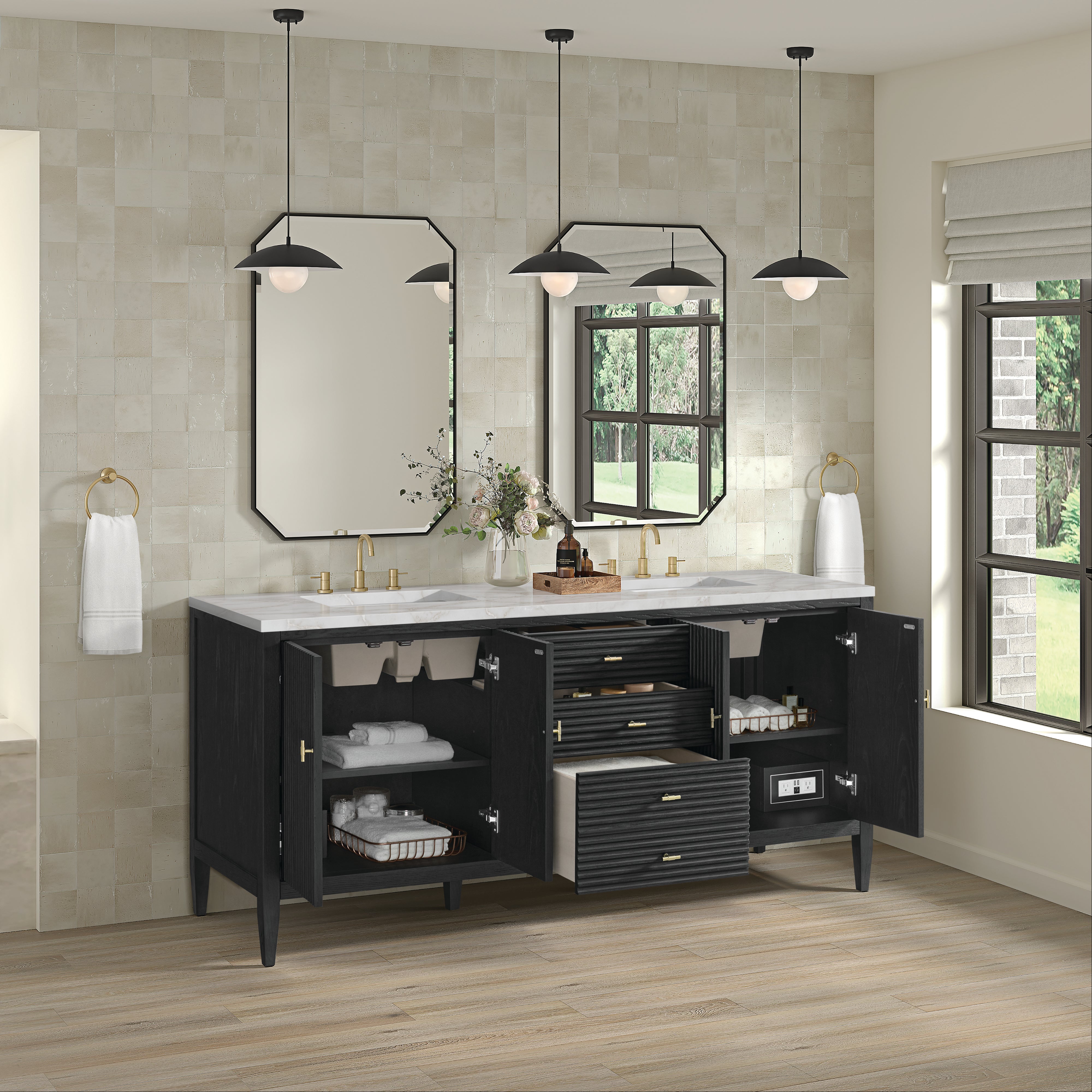 James Martin Myrrin 72" Double Vanity in Carbon Oak with 3cm Countertop and FreePower Wireless Charger