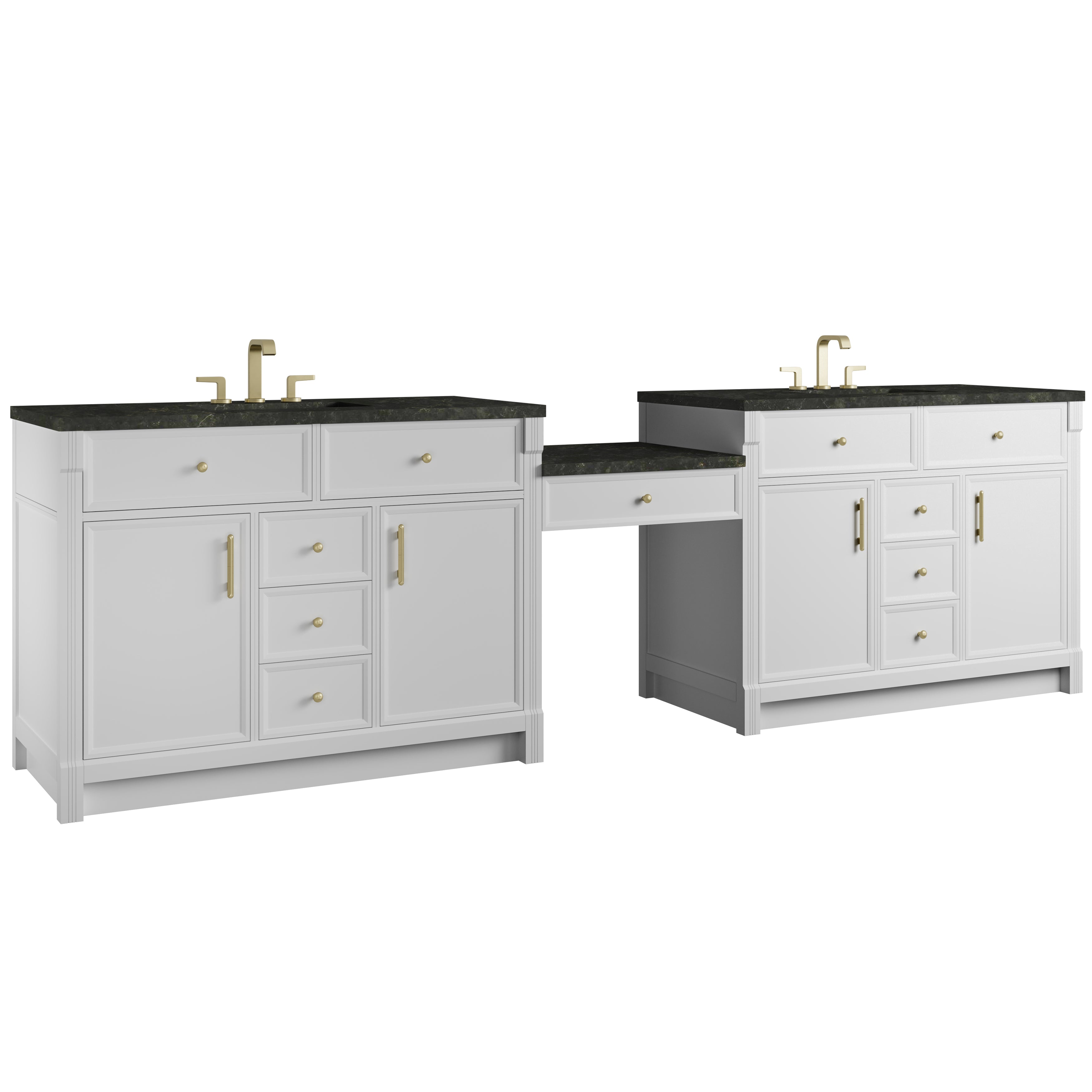 James Martin Bellshire 120" Dual Vanity Set with 24" Make-Up Counter in Bright White with 3cm Countertop