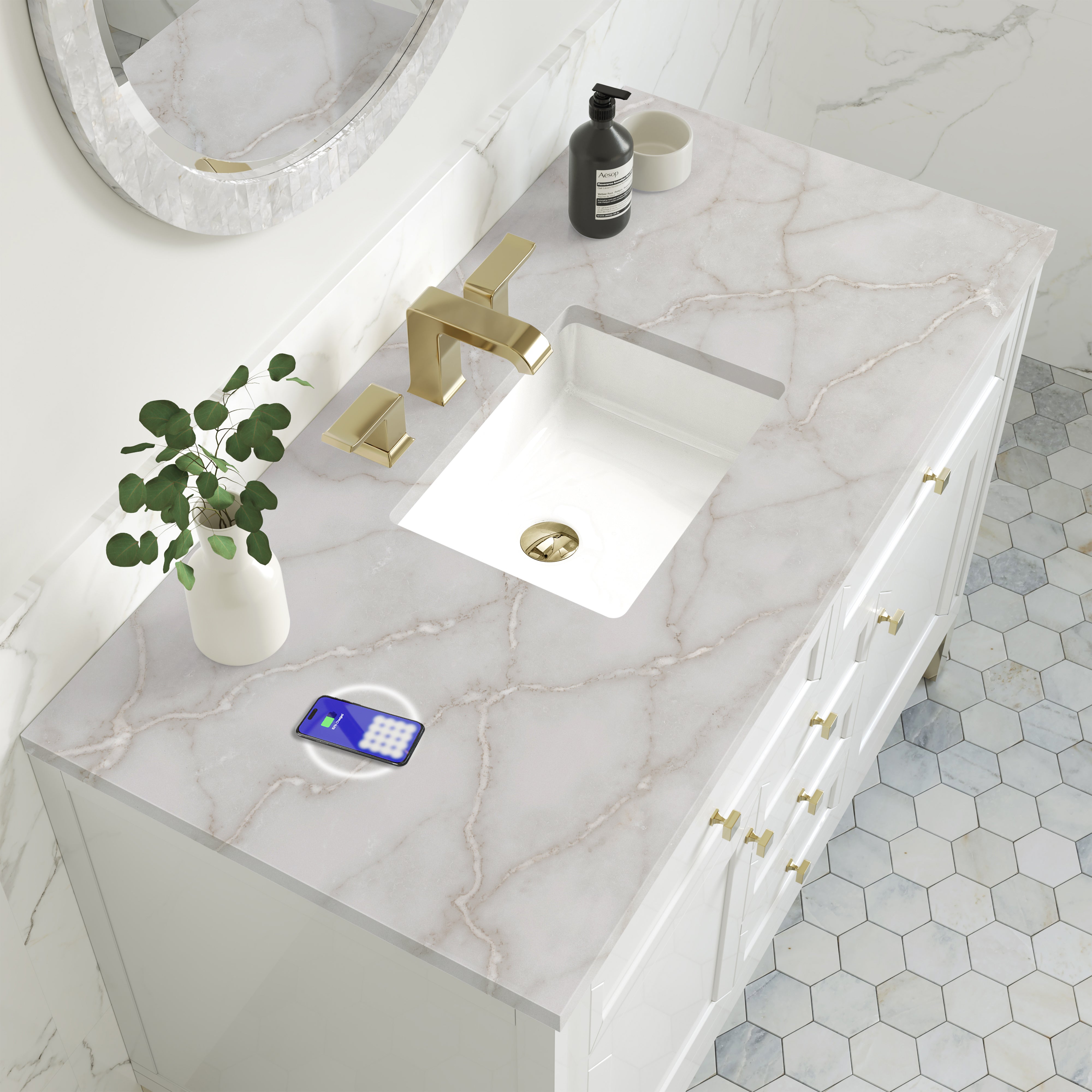 James Martin Chicago 48" Single Vanity in Glossy White with 3cm Countertop and FreePower Wireless Charger