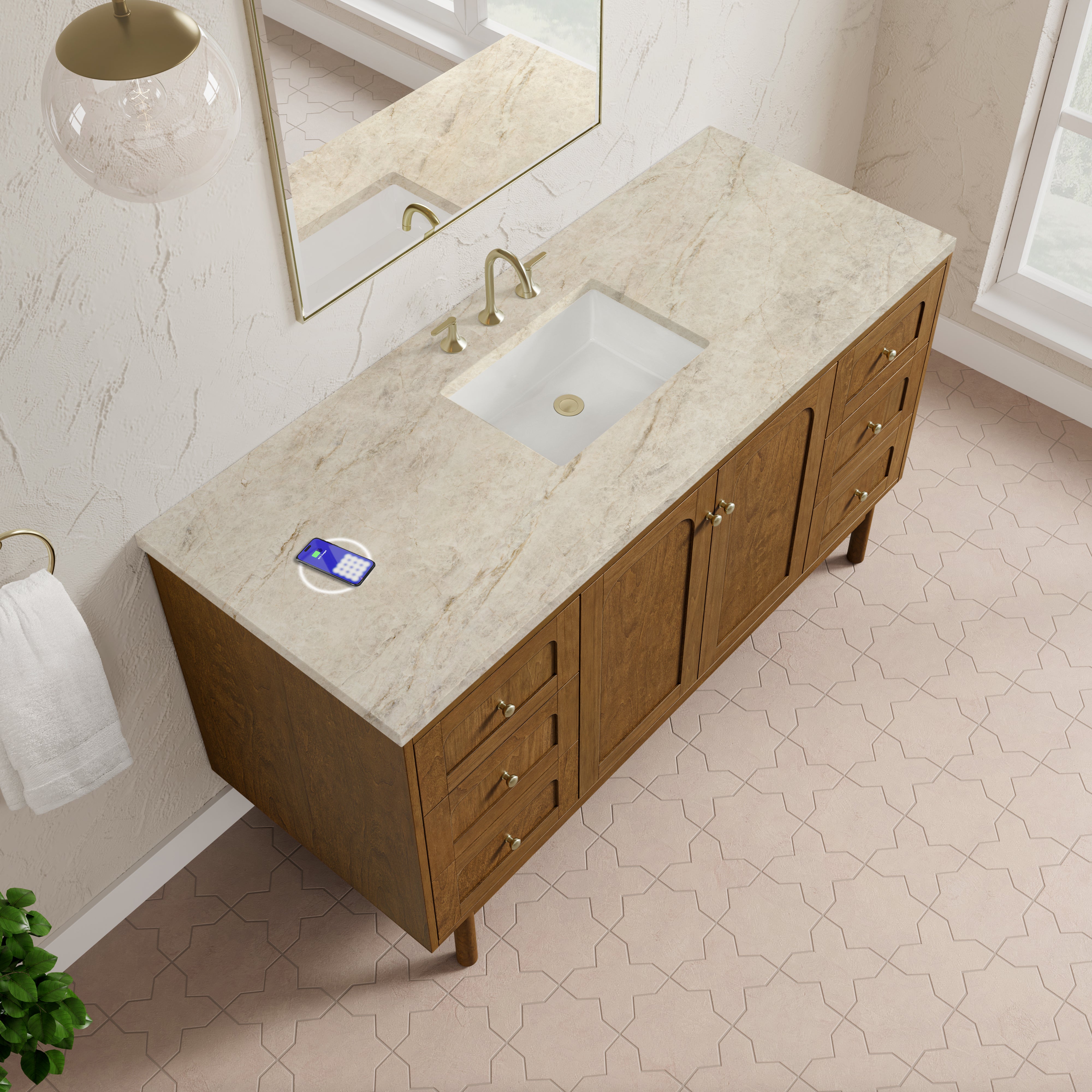 James Martin Laurent 60" Single Vanity in Honey Oak with 3cm Countertop and FreePower Wireless Charger