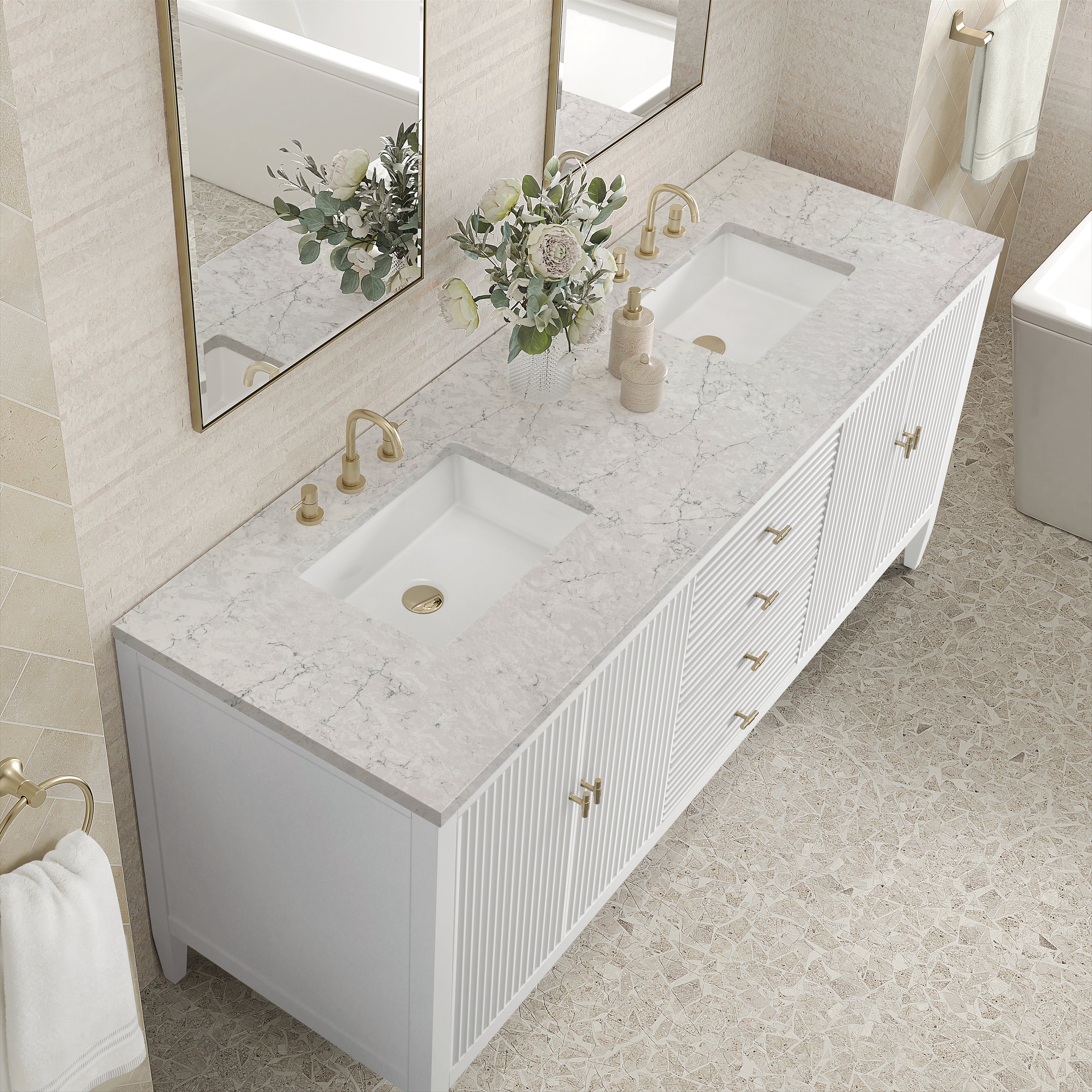 James Martin Myrrin 72" Double Vanity in Bright White with 3cm Countertop