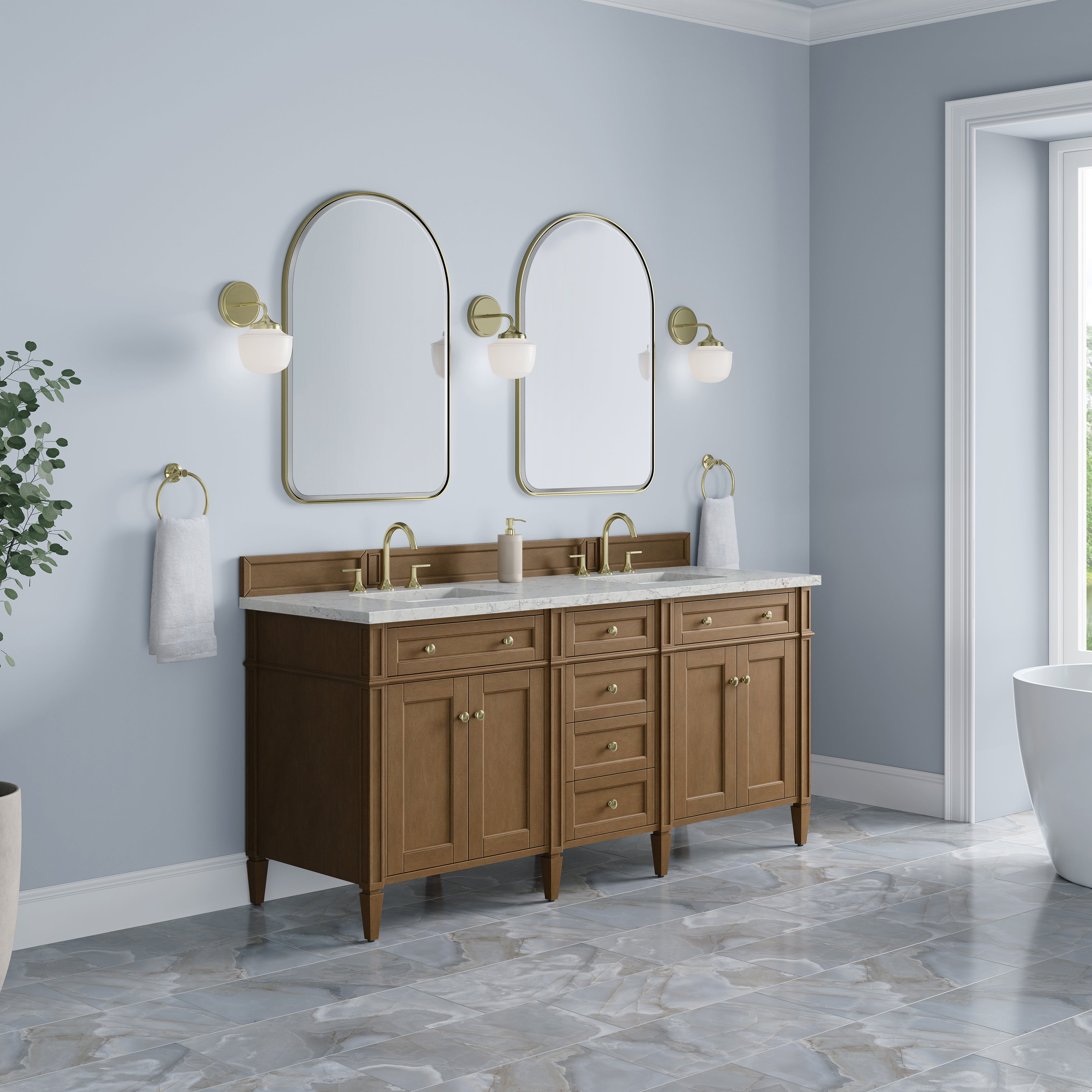 James Martin Brittany 72" Double Vanity in Pecan with 3cm Countertop and FreePower Wireless Charger