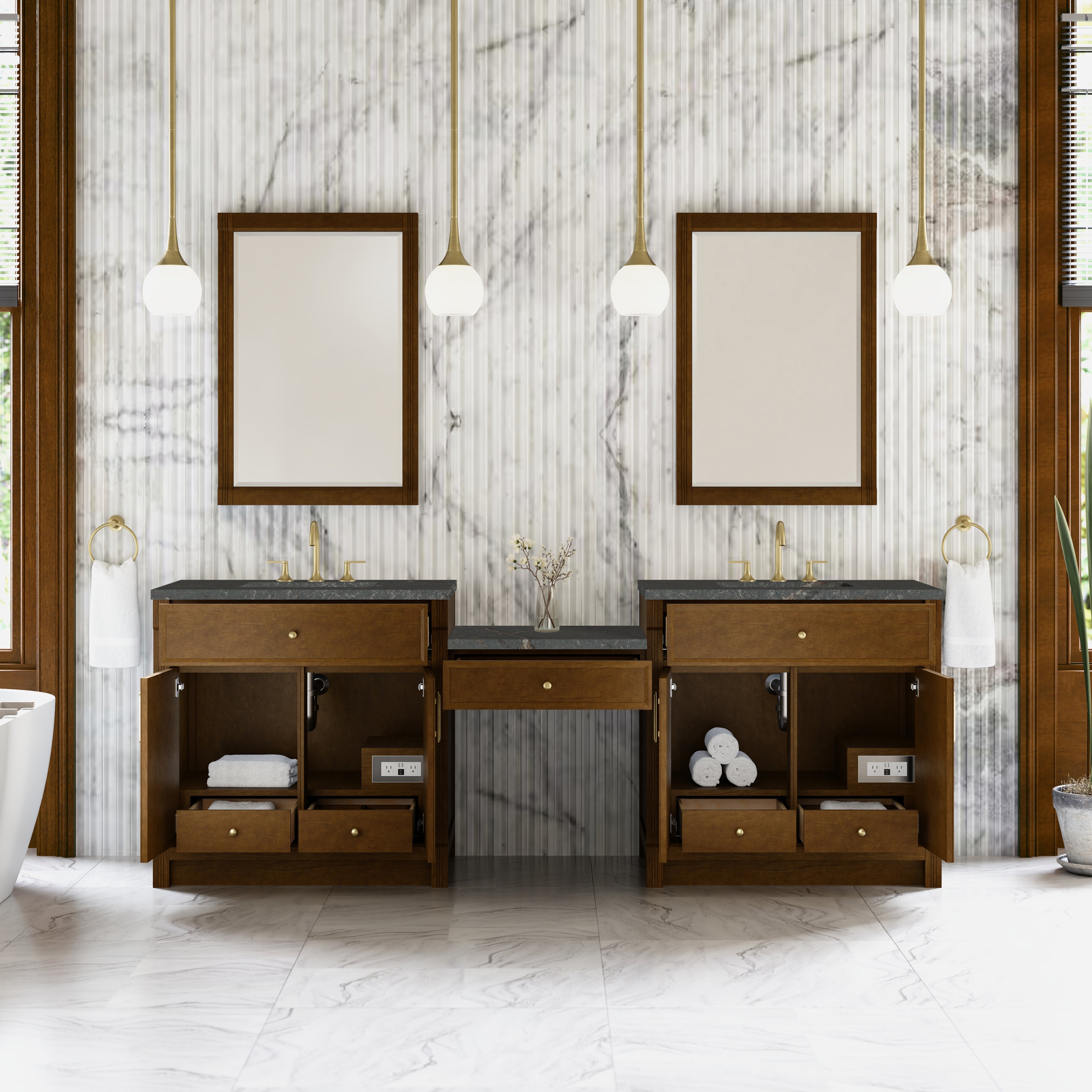 James Martin Bellshire 96" Dual Vanity Set with 24" Make-Up Counter in Honey Oak with 3cm Countertop