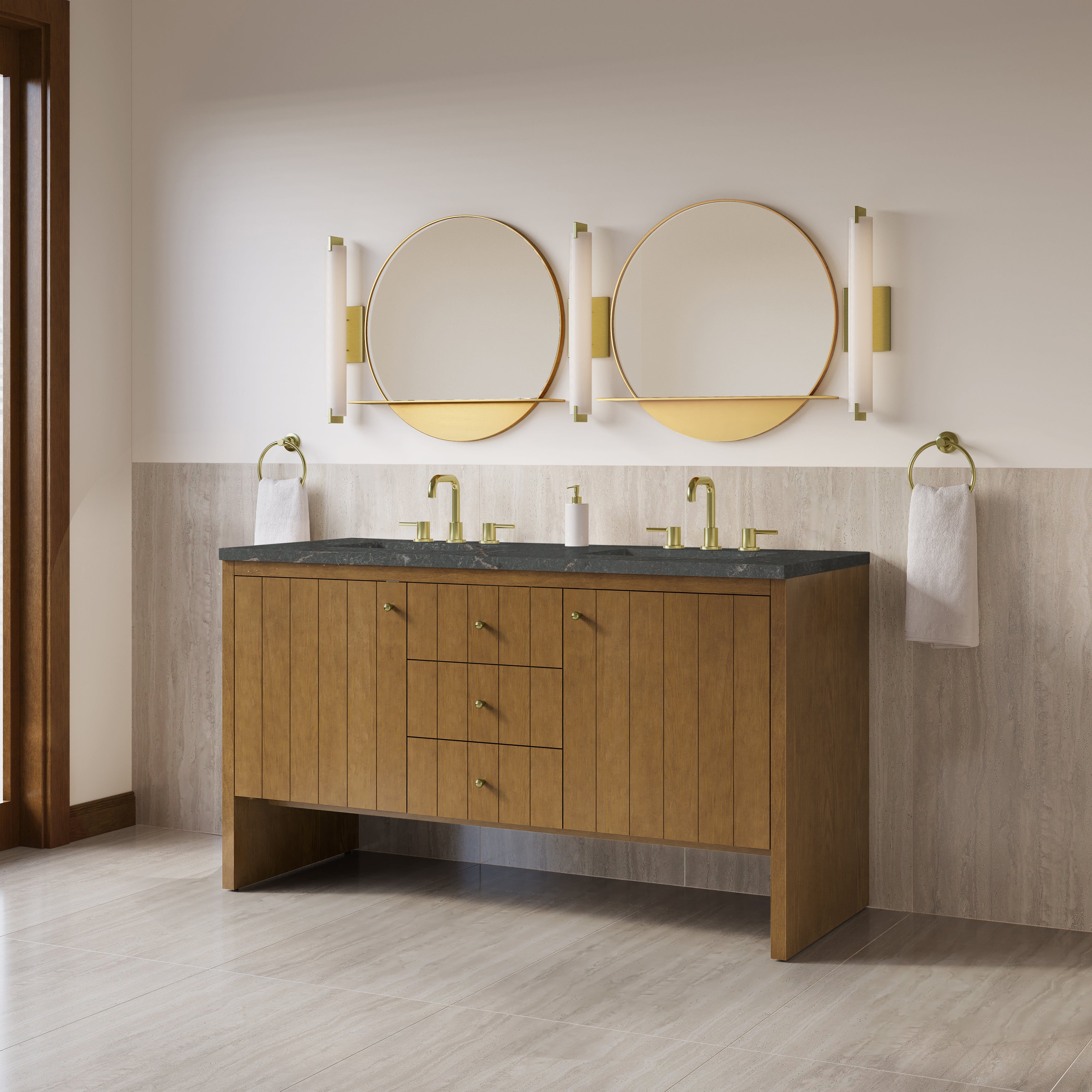 James Martin Hudson 60" Double Vanity in Honey Oak with 3cm Countertop and FreePower Wireless Charger