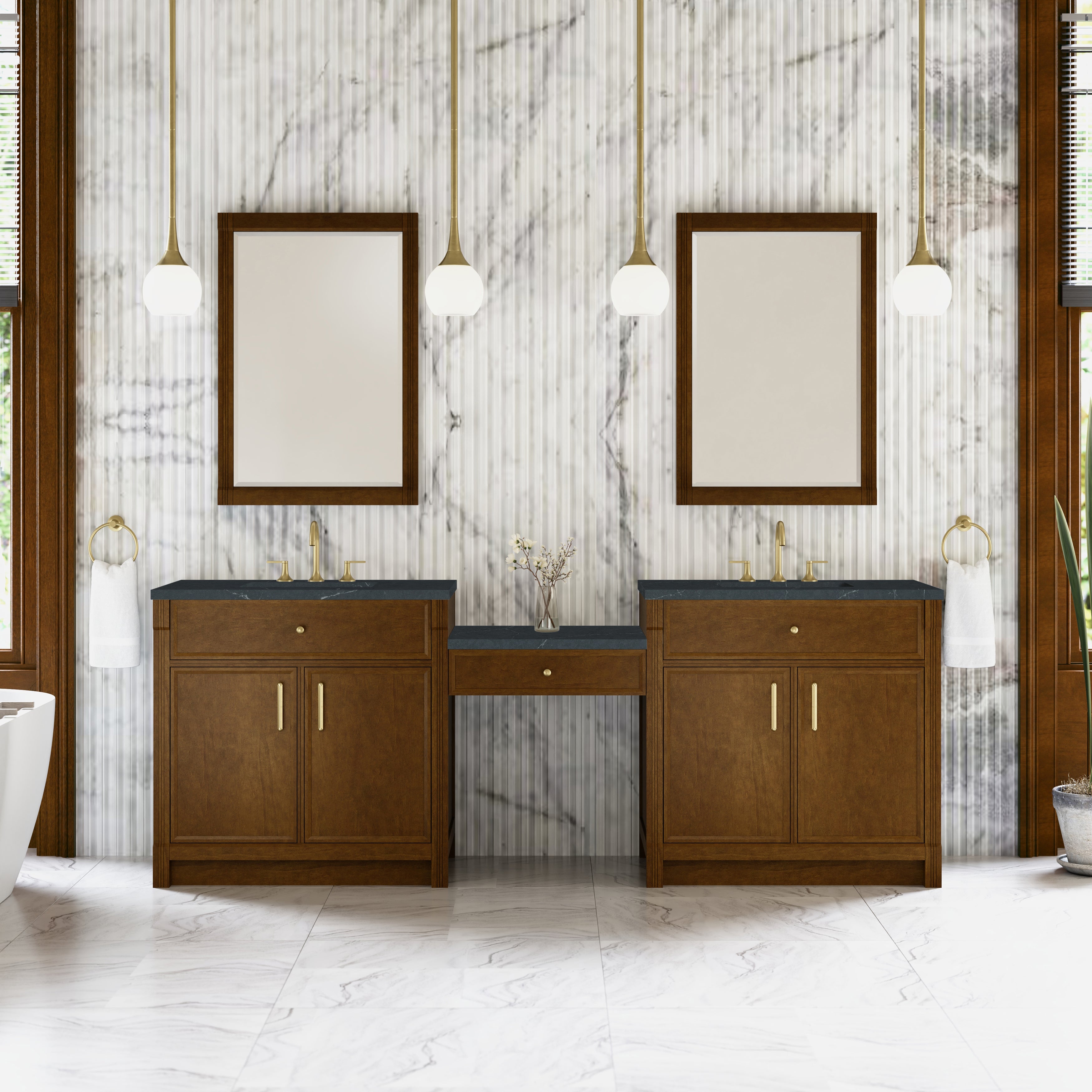 James Martin Bellshire 96" Dual Vanity Set with 24" Make-Up Counter in Honey Oak with 3cm Countertop