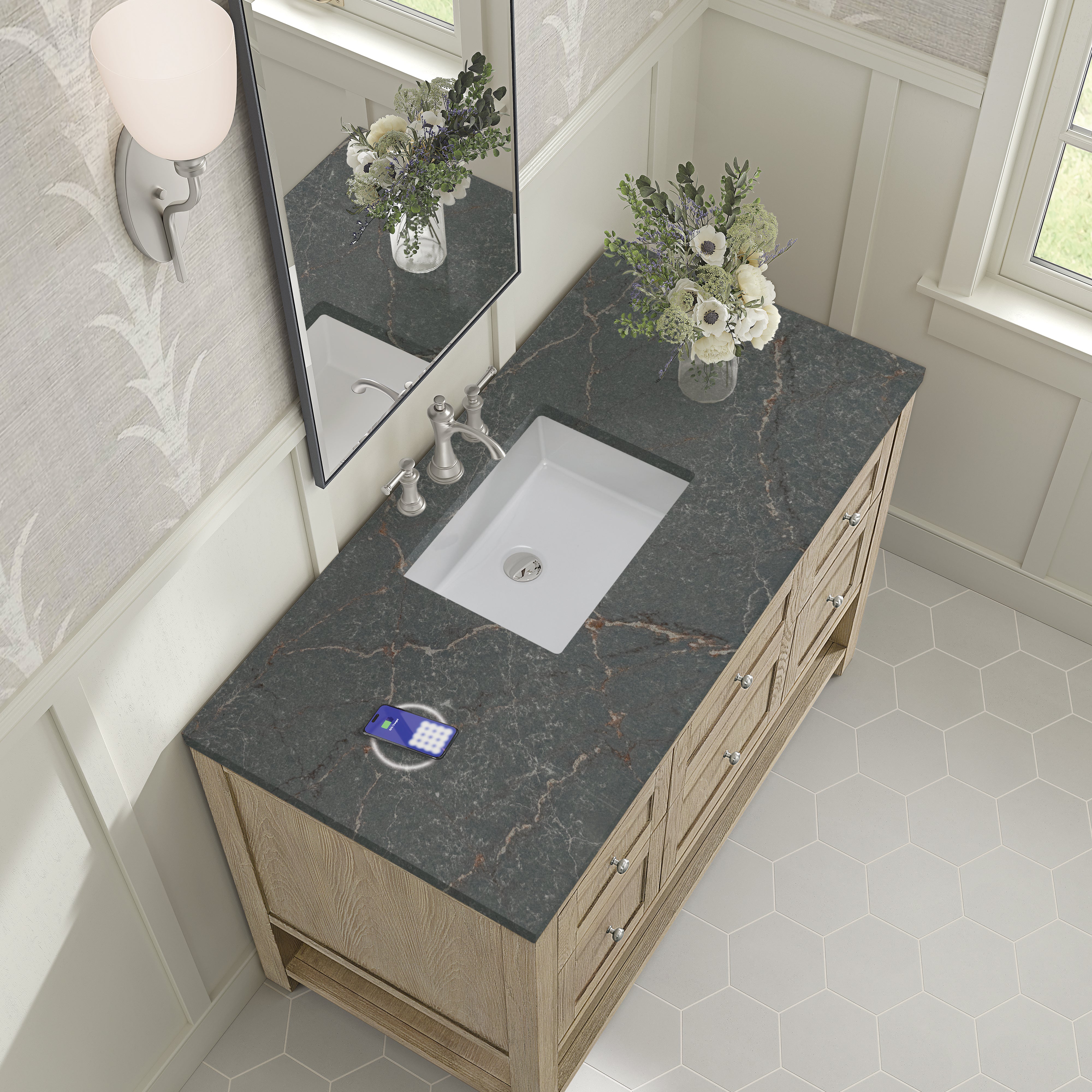James Martin Breckenridge 48" Single Vanity in Whitewashed Oak with 3cm Countertop and FreePower Wireless Charger