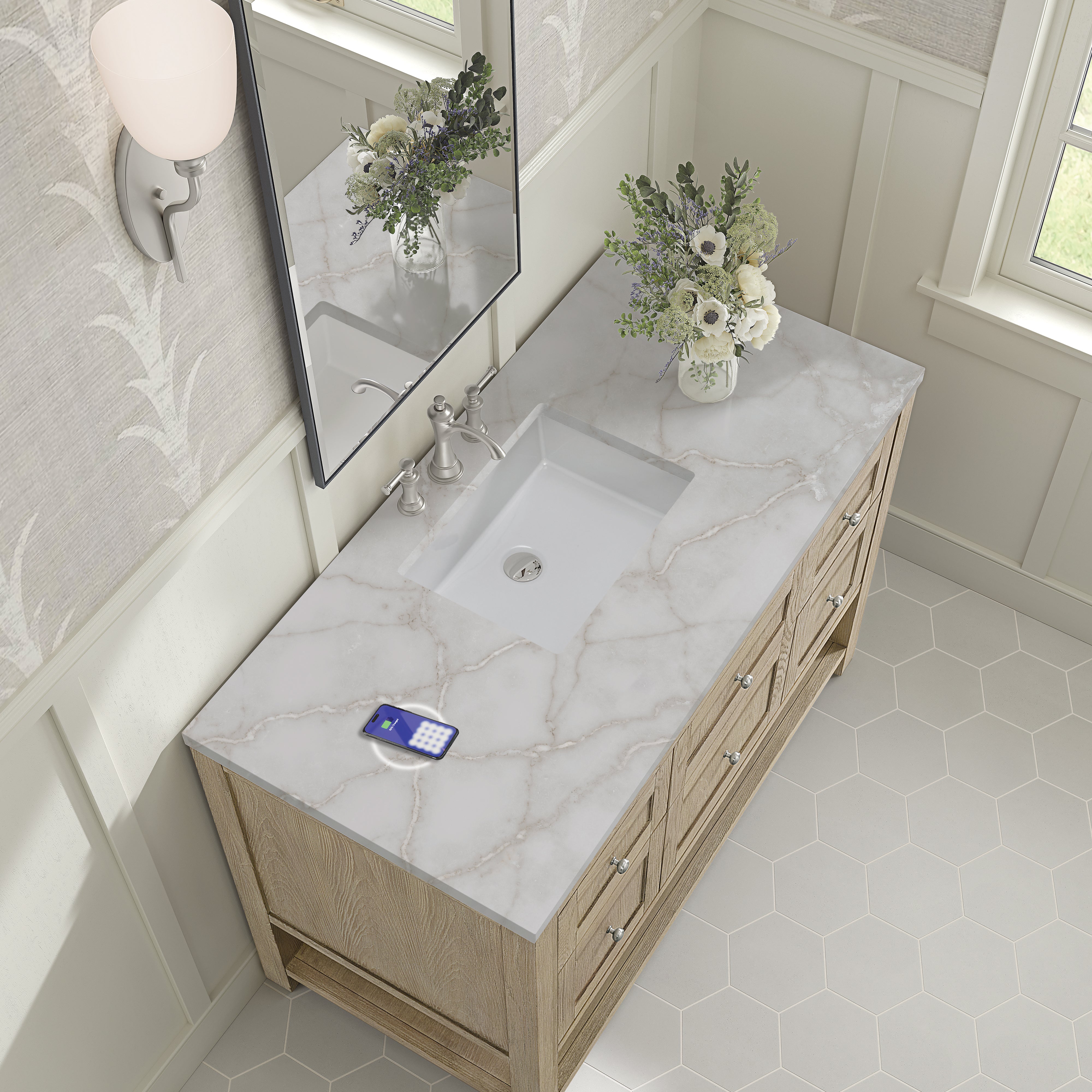 James Martin Breckenridge 48" Single Vanity in Whitewashed Oak with 3cm Countertop and FreePower Wireless Charger