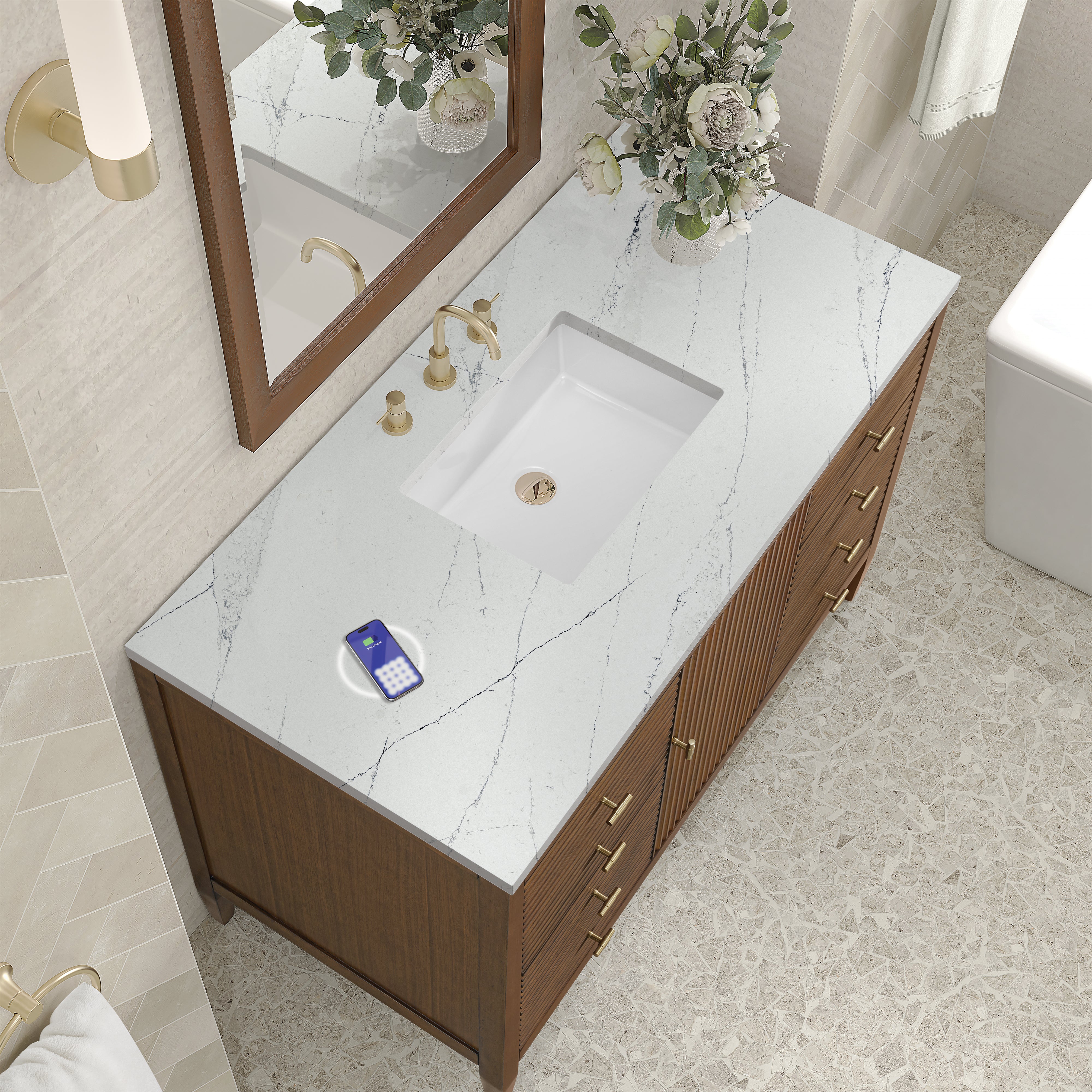 James Martin Myrrin 48" Single Vanity in Mid Century Walnut with 3cm Countertop and FreePower Wireless Charger