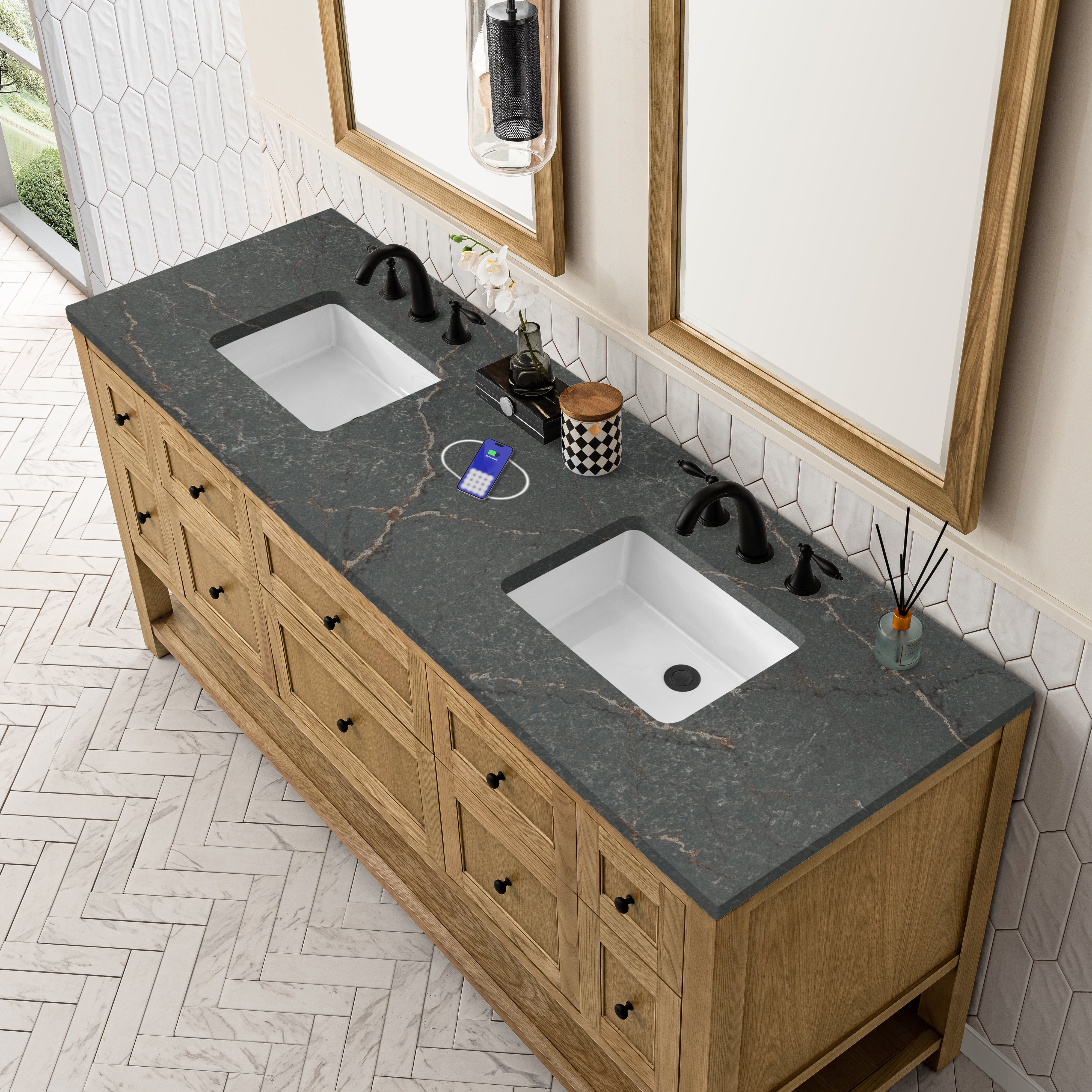 James Martin Breckenridge 72" Double Vanity in Light Natural Oak with 3cm Countertop and FreePower Wireless Charger