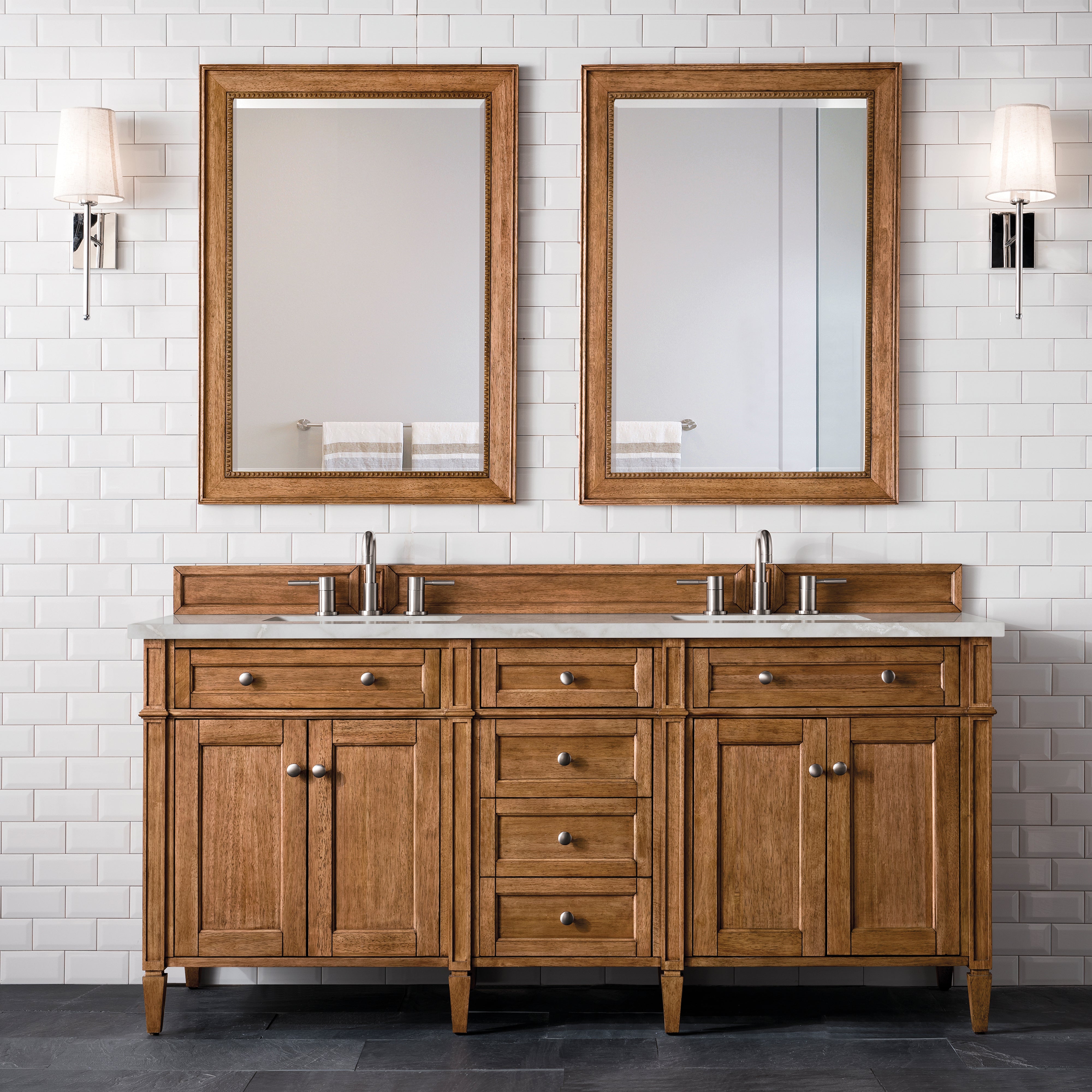 James Martin Brittany 72" Double Vanity in Saddle Brown with 3cm Countertop and FreePower Wireless Charger