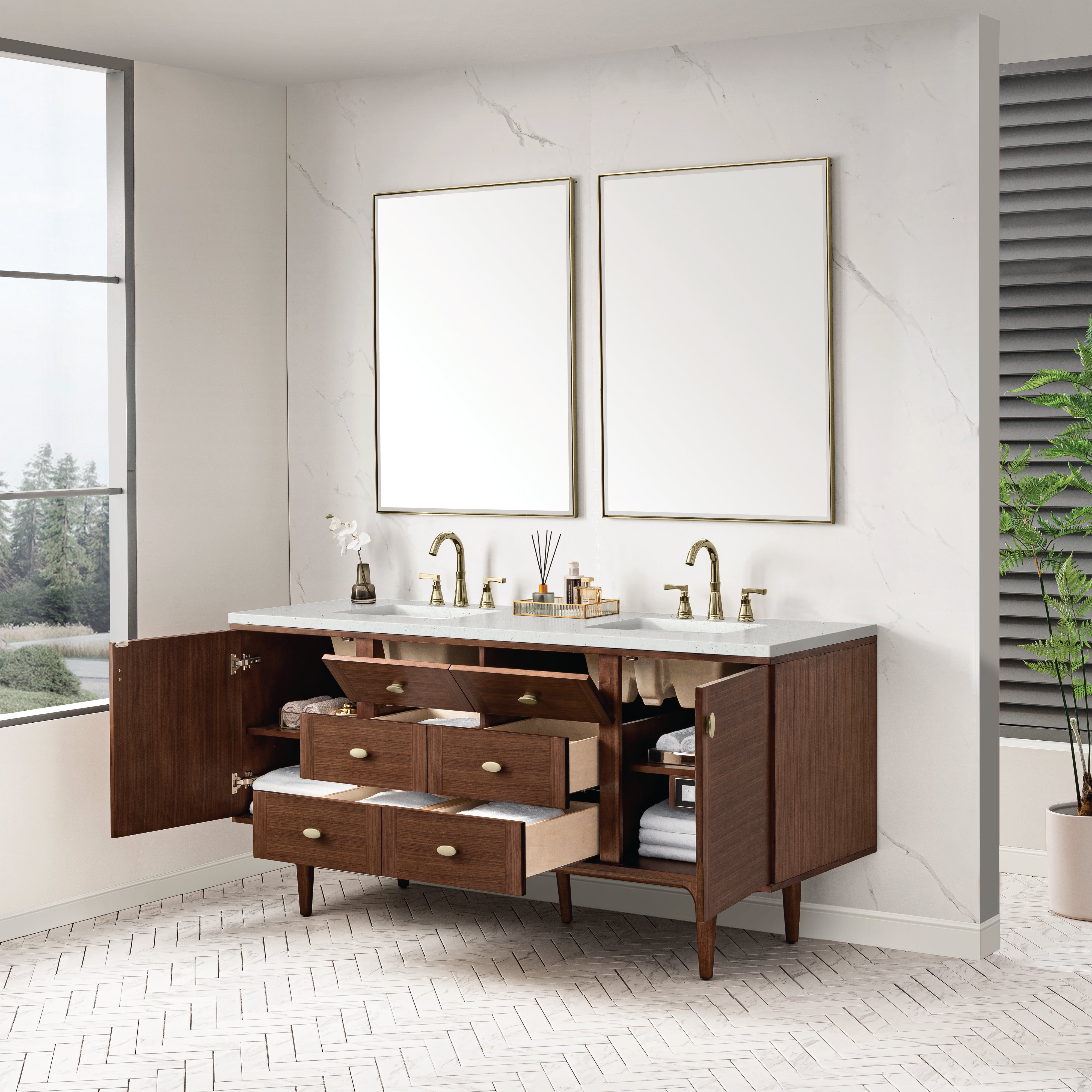 James Martin Amberly 72" Double Vanity in Mid-Century Walnut with 3cm Countertop