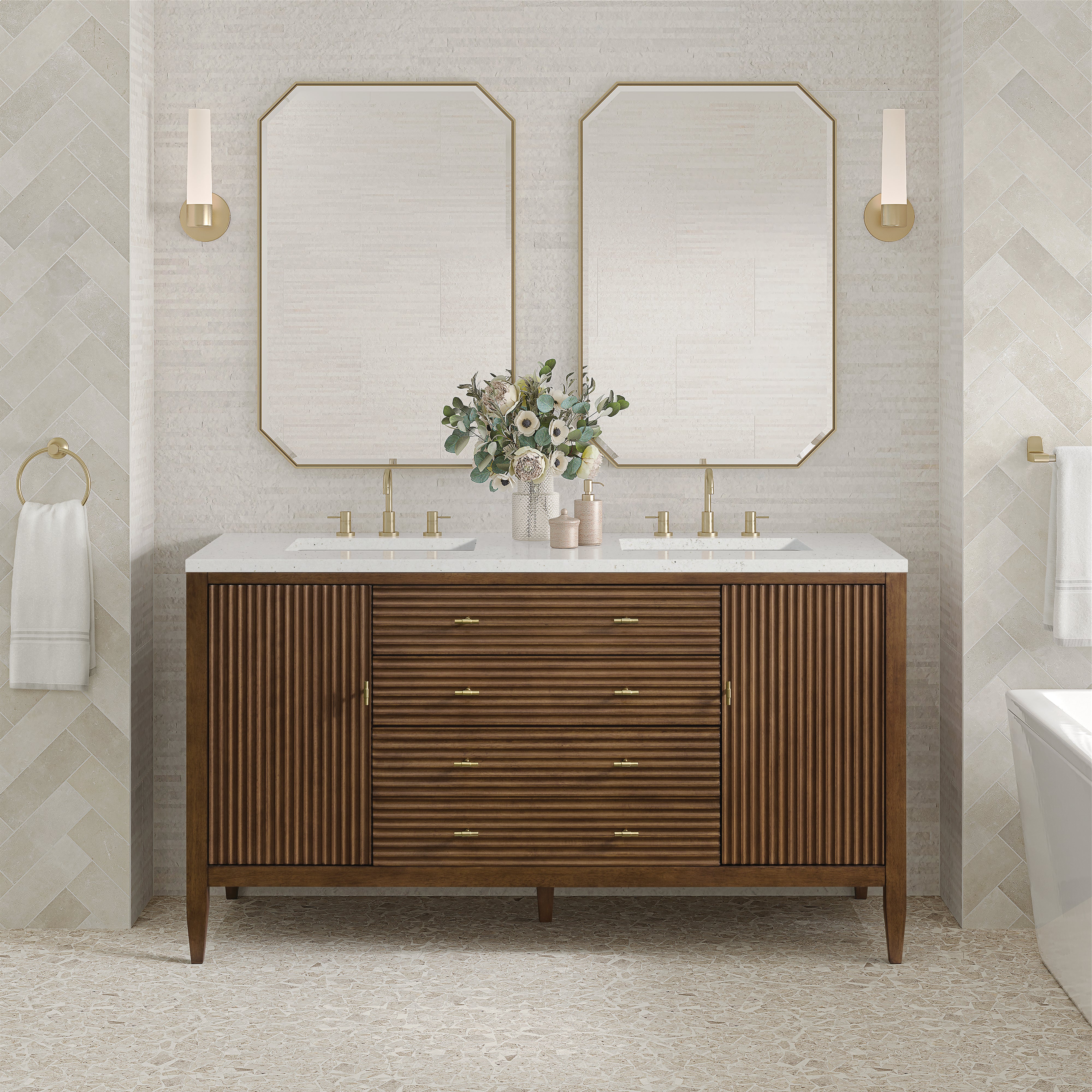James Martin Myrrin 60" Double Vanity in Mid Century Walnut with 3cm Countertop