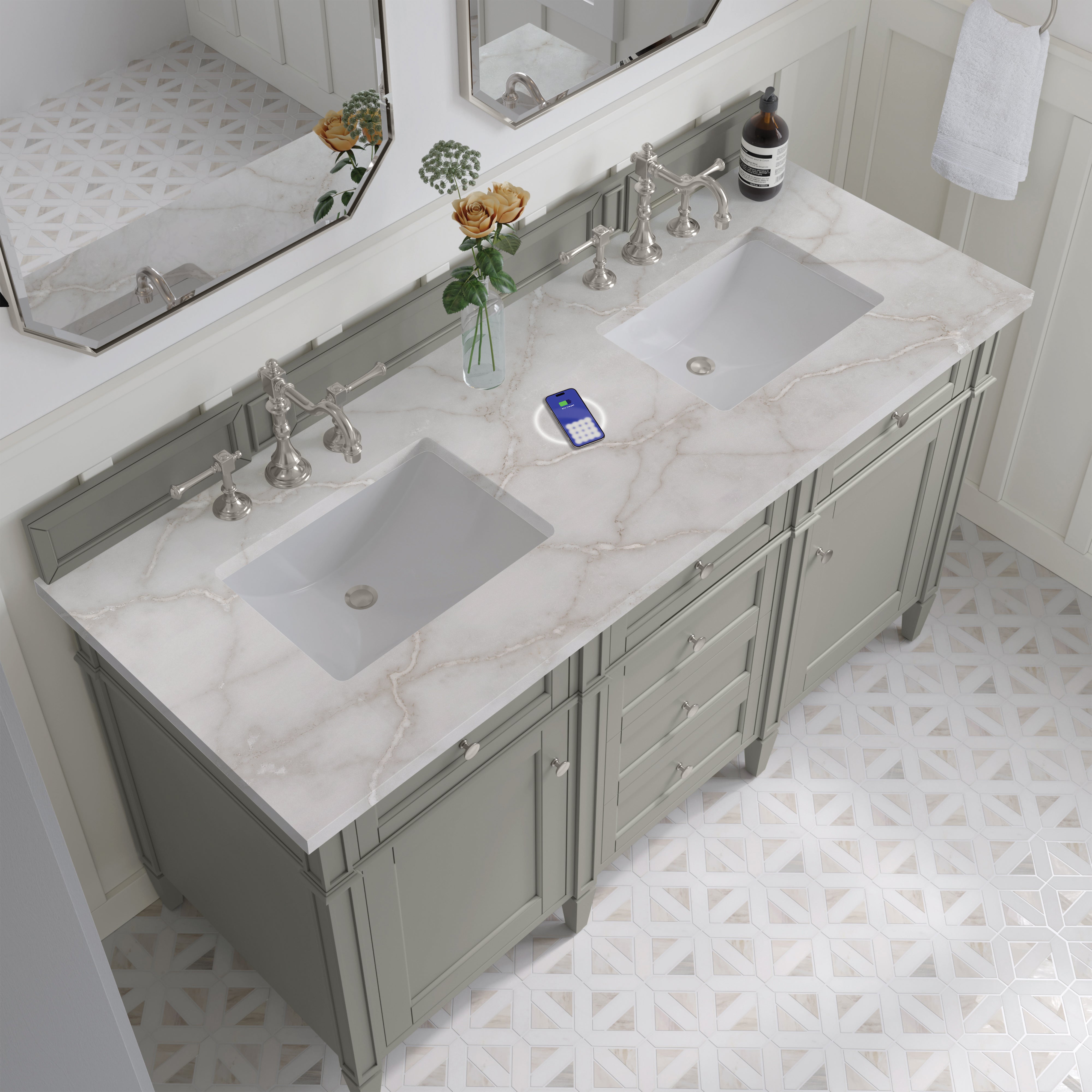James Martin Brittany 60" Double Vanity in Urban Gray with 3cm Countertop and FreePower Wireless Charger