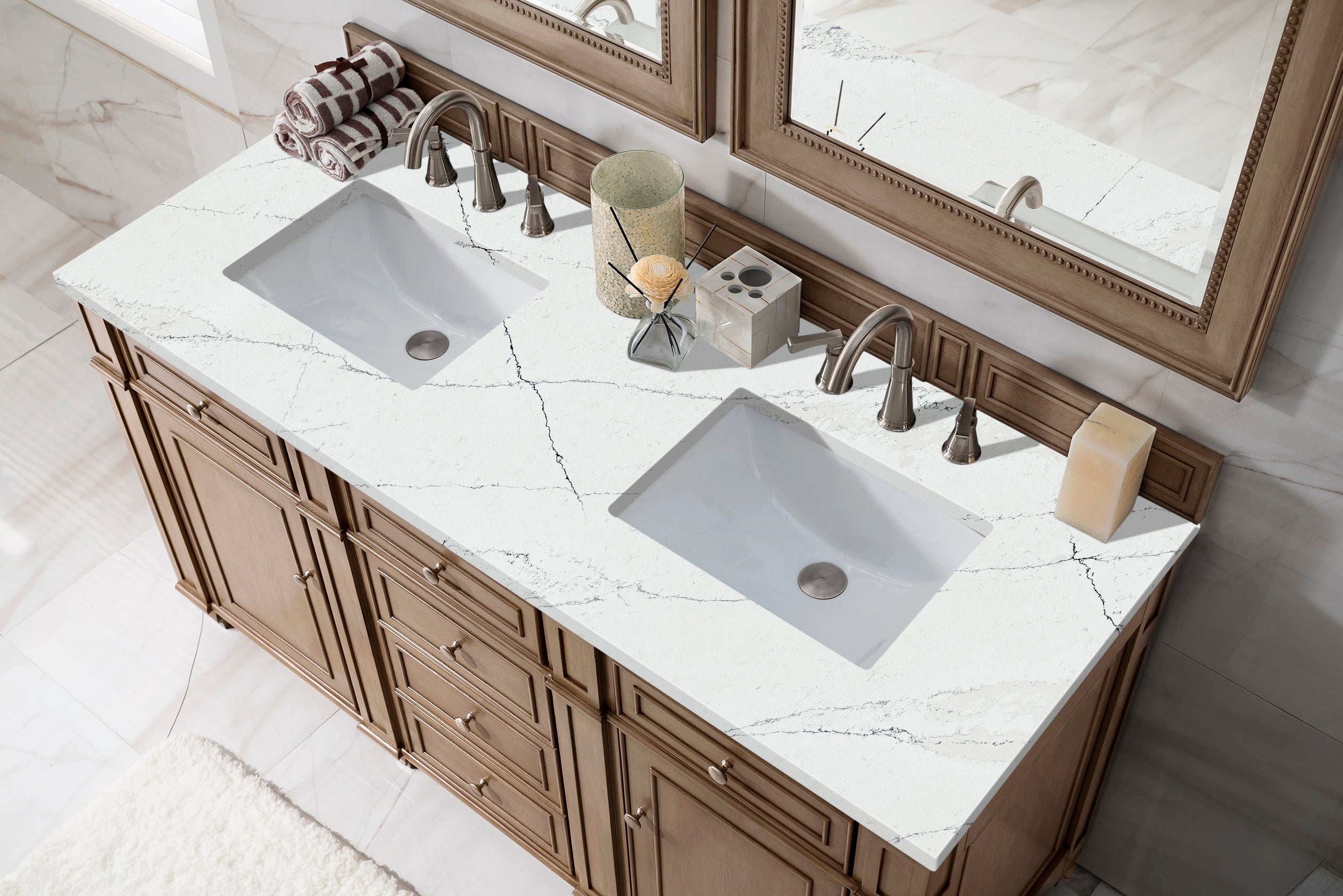 James Martin Bristol 60" Double Vanity in Whitewashed Walnut with 3cm Countertop and FreePower Wireless Charger