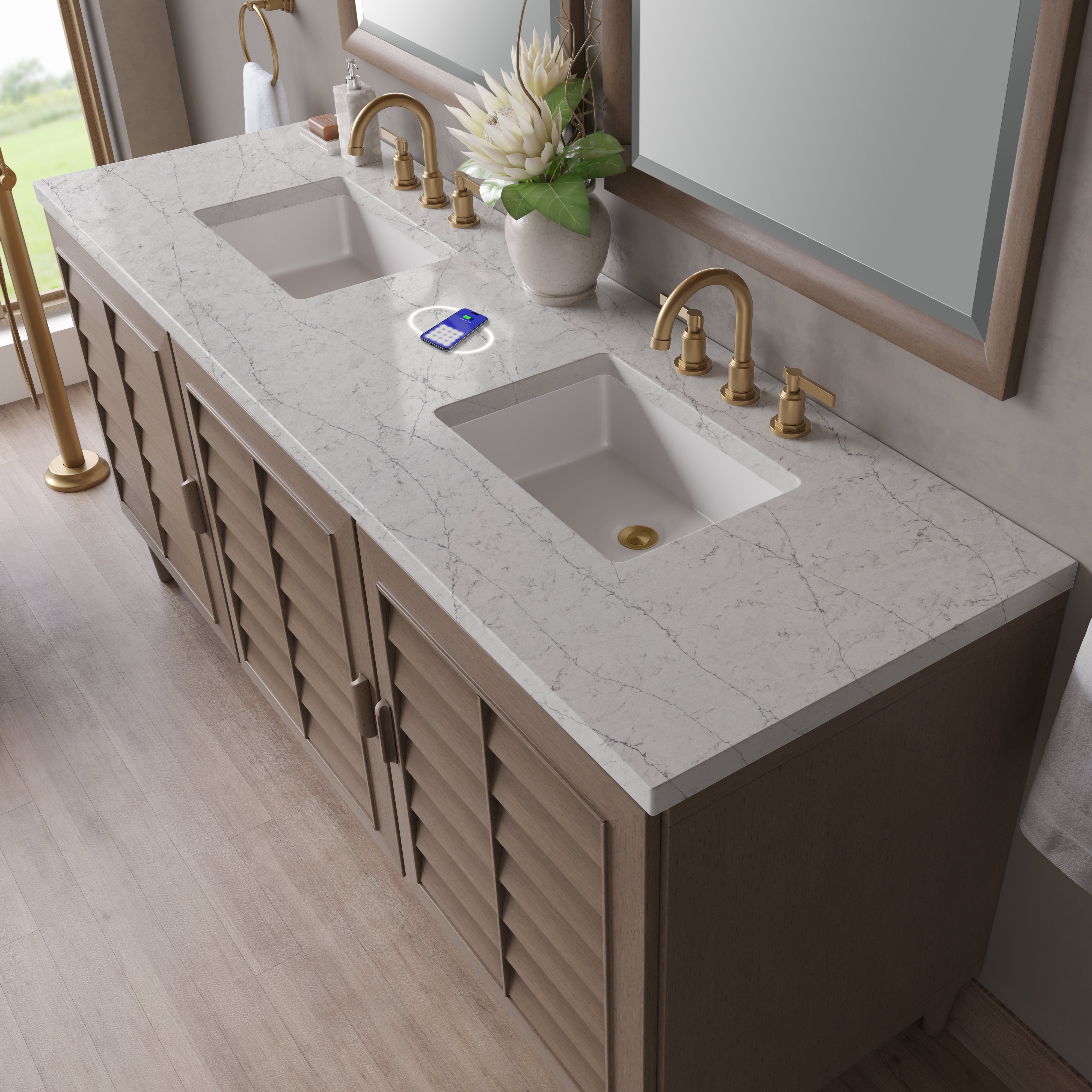 James Martin Portland 72" Double Vanity in Whitewashed Walnut with 3cm Countertop and FreePower Wireless Charger