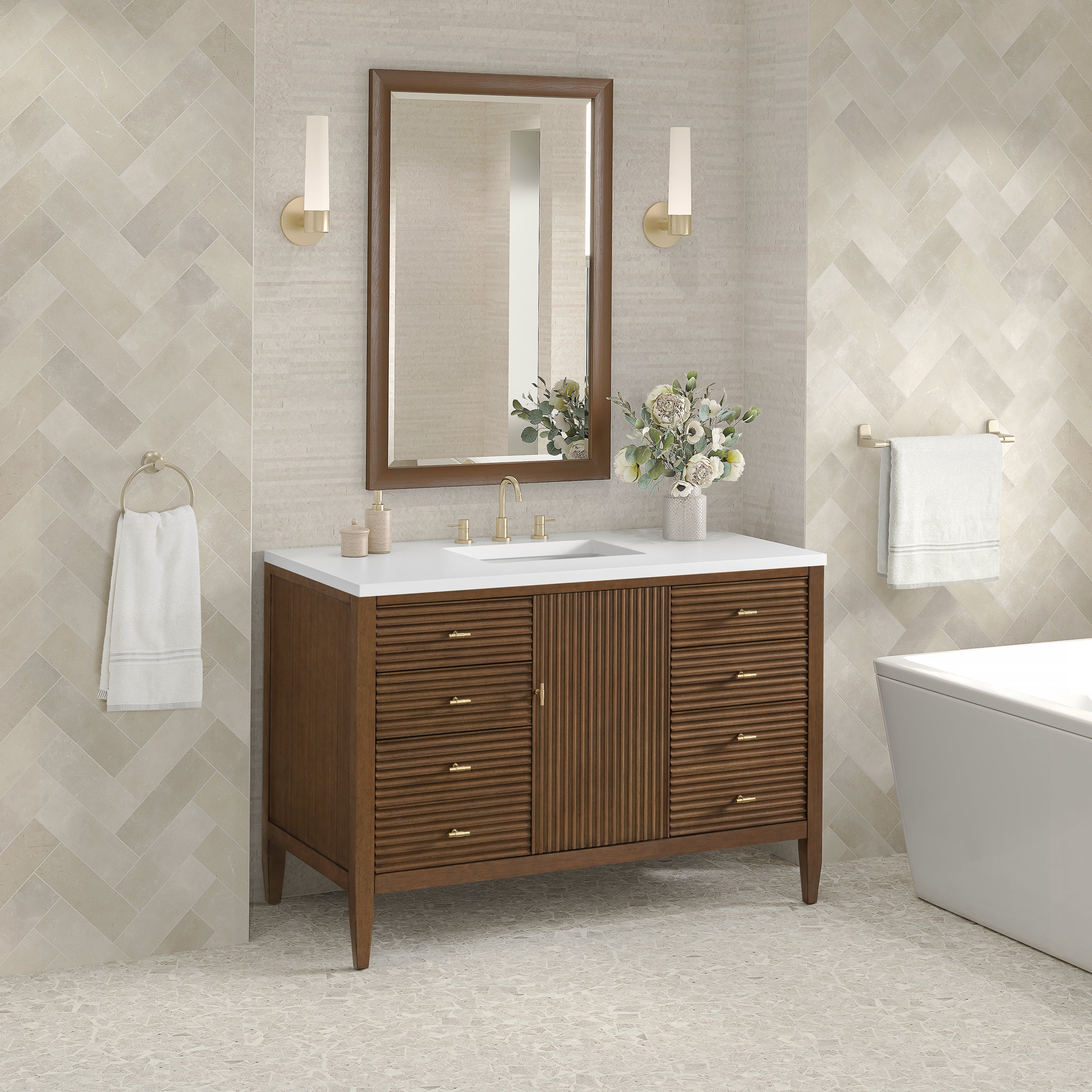 James Martin Myrrin 48" Single Vanity in Mid Century Walnut with 3cm Countertop