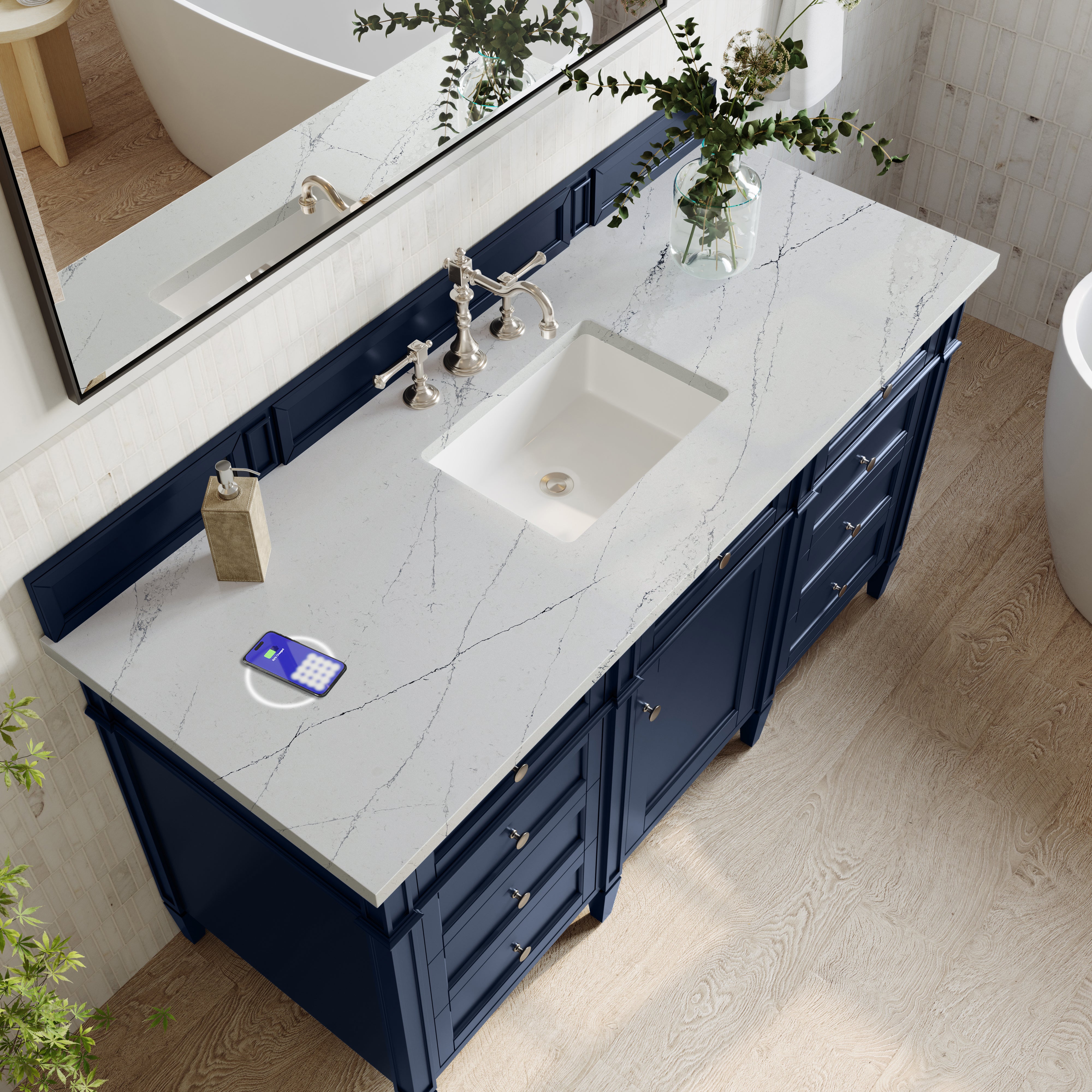 James Martin Brittany 60" Single Vanity in Victory Bleu with 3cm Countertop and FreePower Wireless Charger
