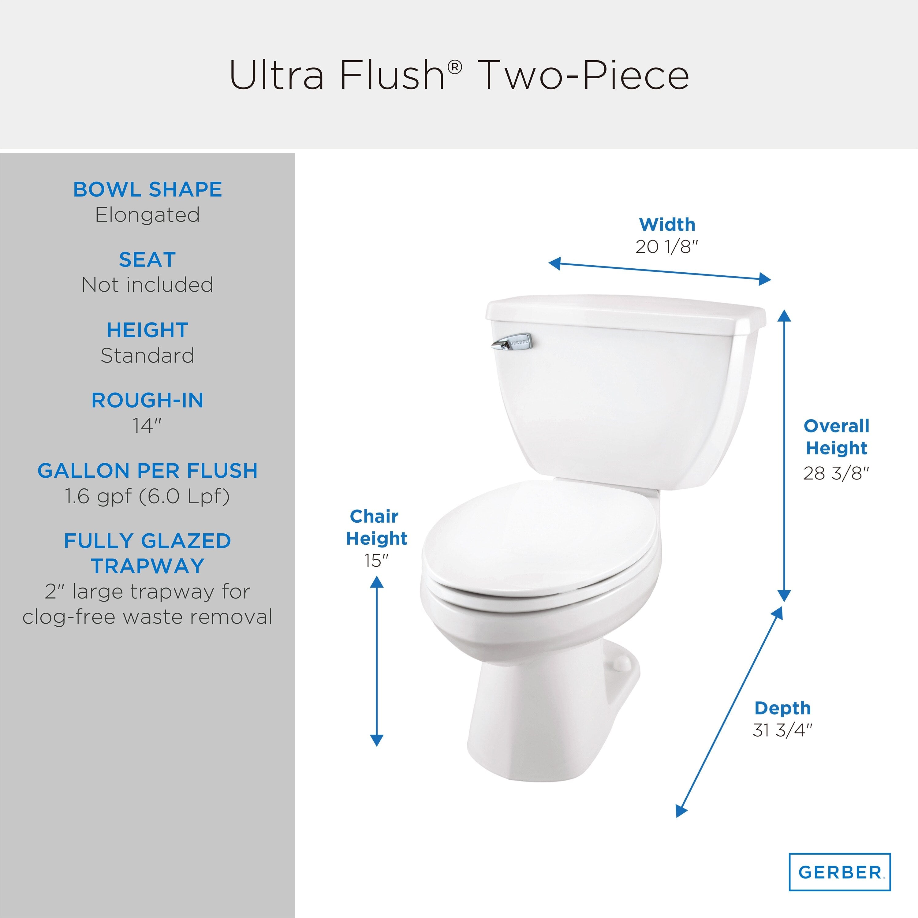 Ultra Flush® 1.6 gpf 14" Rough-In  Two-Piece Elongated Toilet