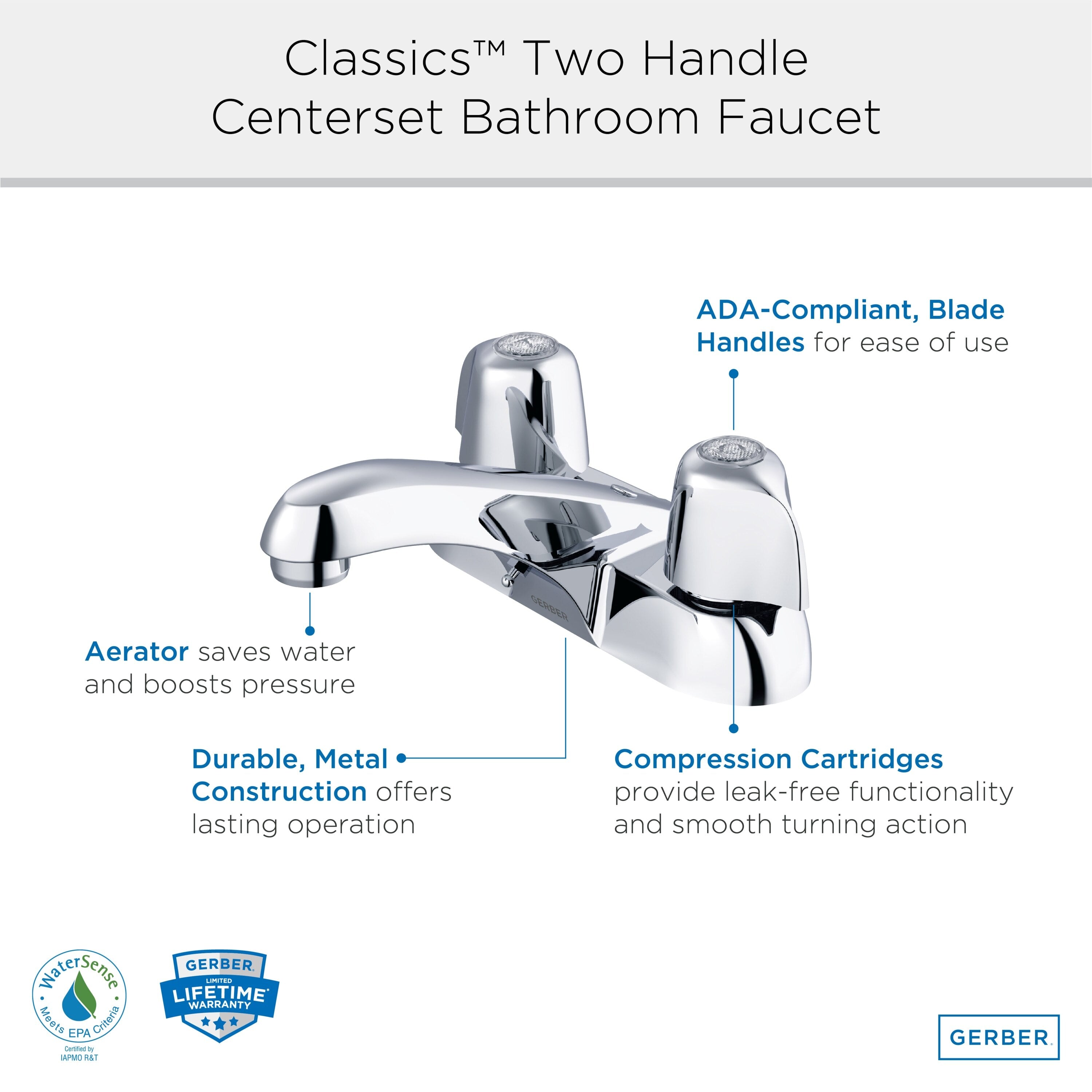 Gerber Classics™ Two Handle Centerset Bathroom Faucet with Metal Handles and Chain Stay