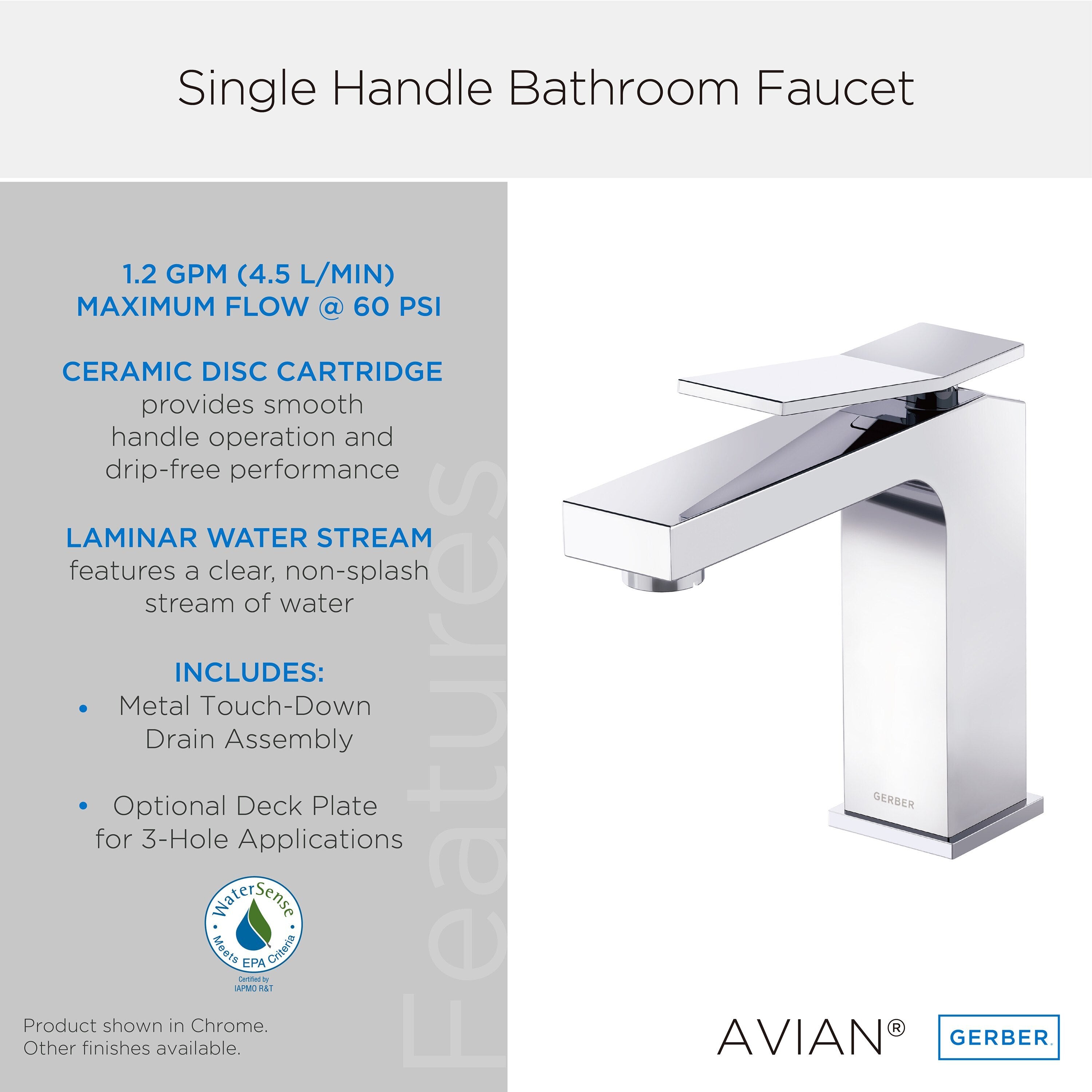 Avian® Single Handle Bathroom Faucet with Metal Touch-Down Drain