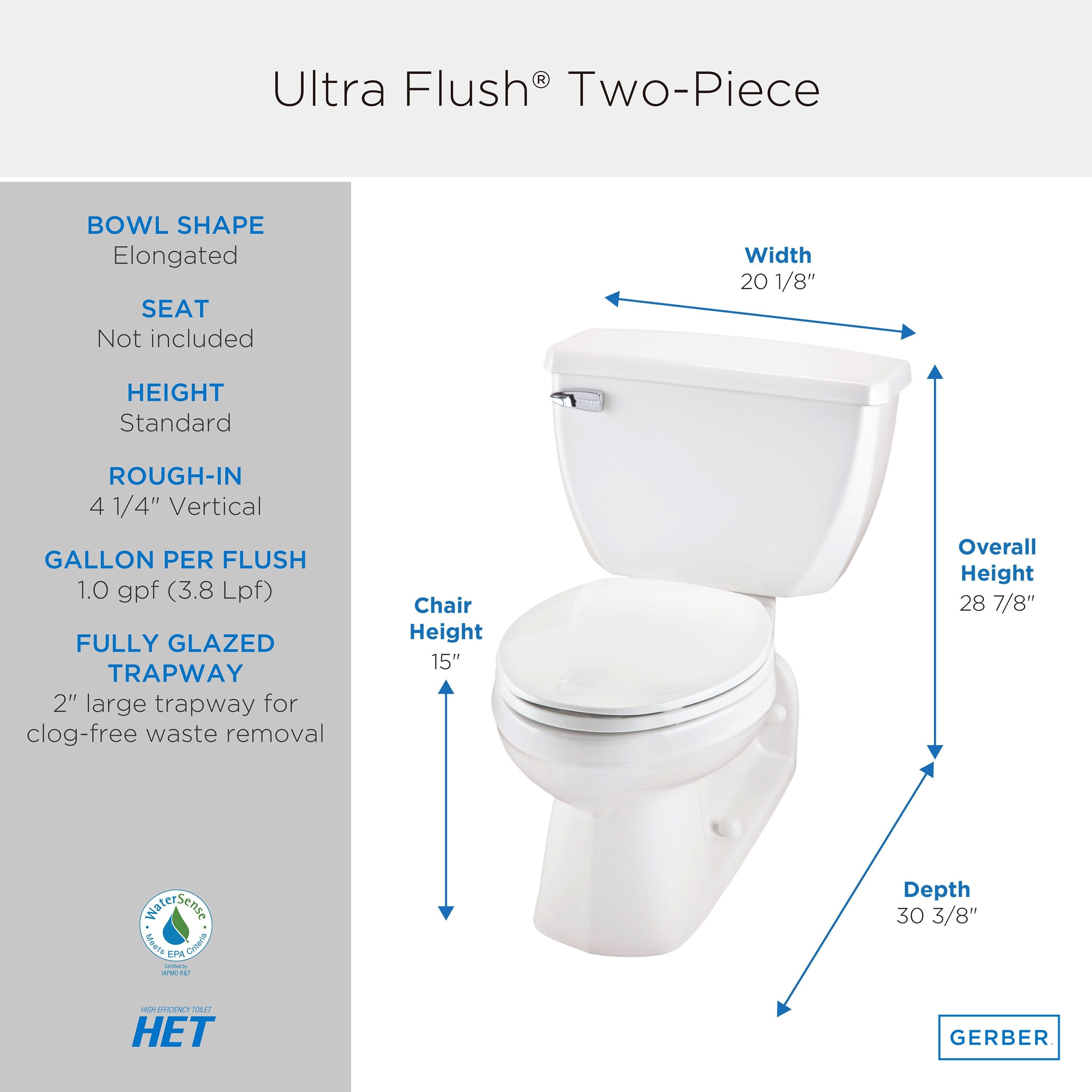 Ultra Flush® 1.0 gpf 4 1/4" Vertical Rough-In Two-Piece Back Outlet Elongated Toilet