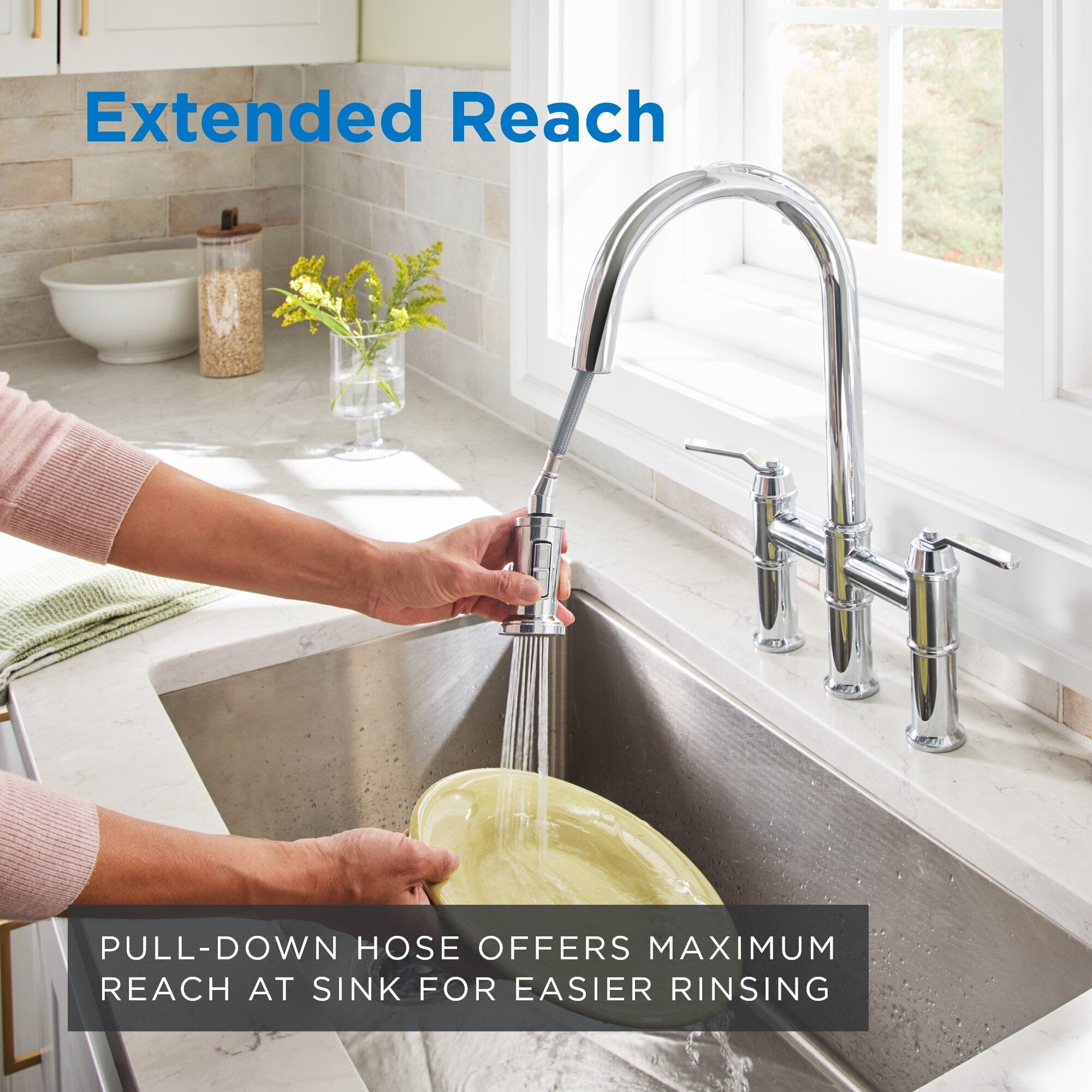 Kinzie® Two Handle Pull Down Bridge Kitchen Faucet
