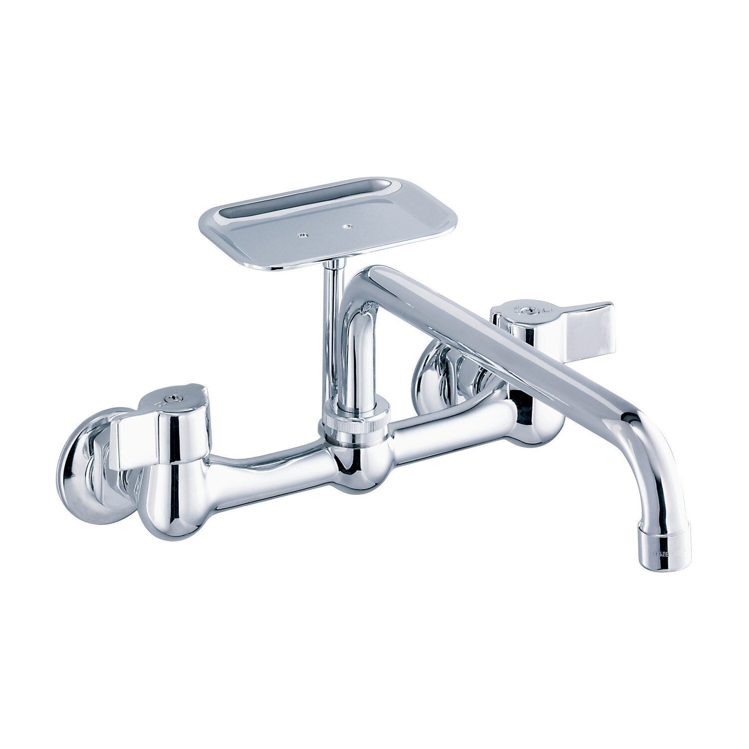 Gerber Classics™ Two Handle Wall Mount Kitchen Faucet with Metal Handles, 8" Swing Spout, and Soap Dish