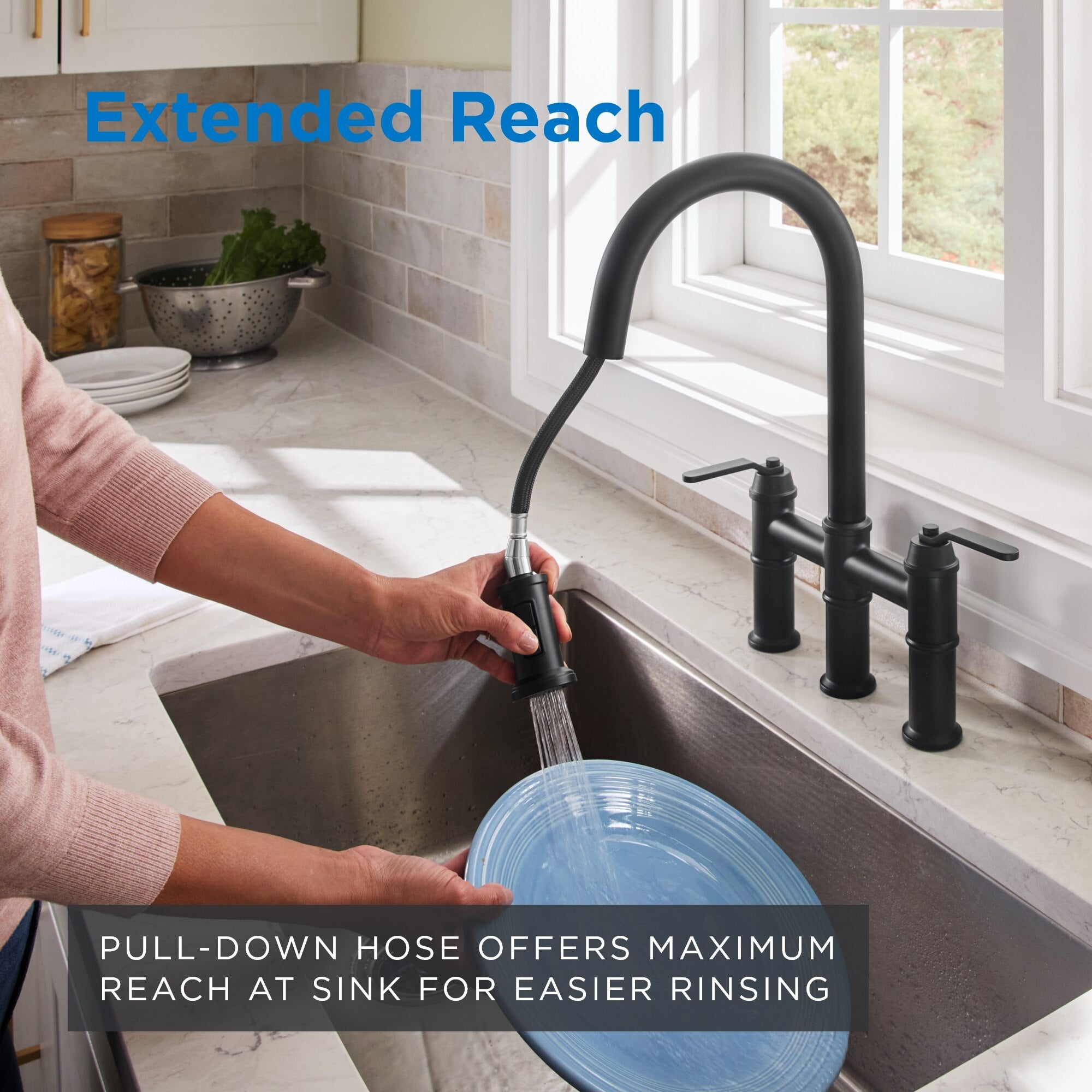 Kinzie® Two Handle Pull Down Bridge Kitchen Faucet