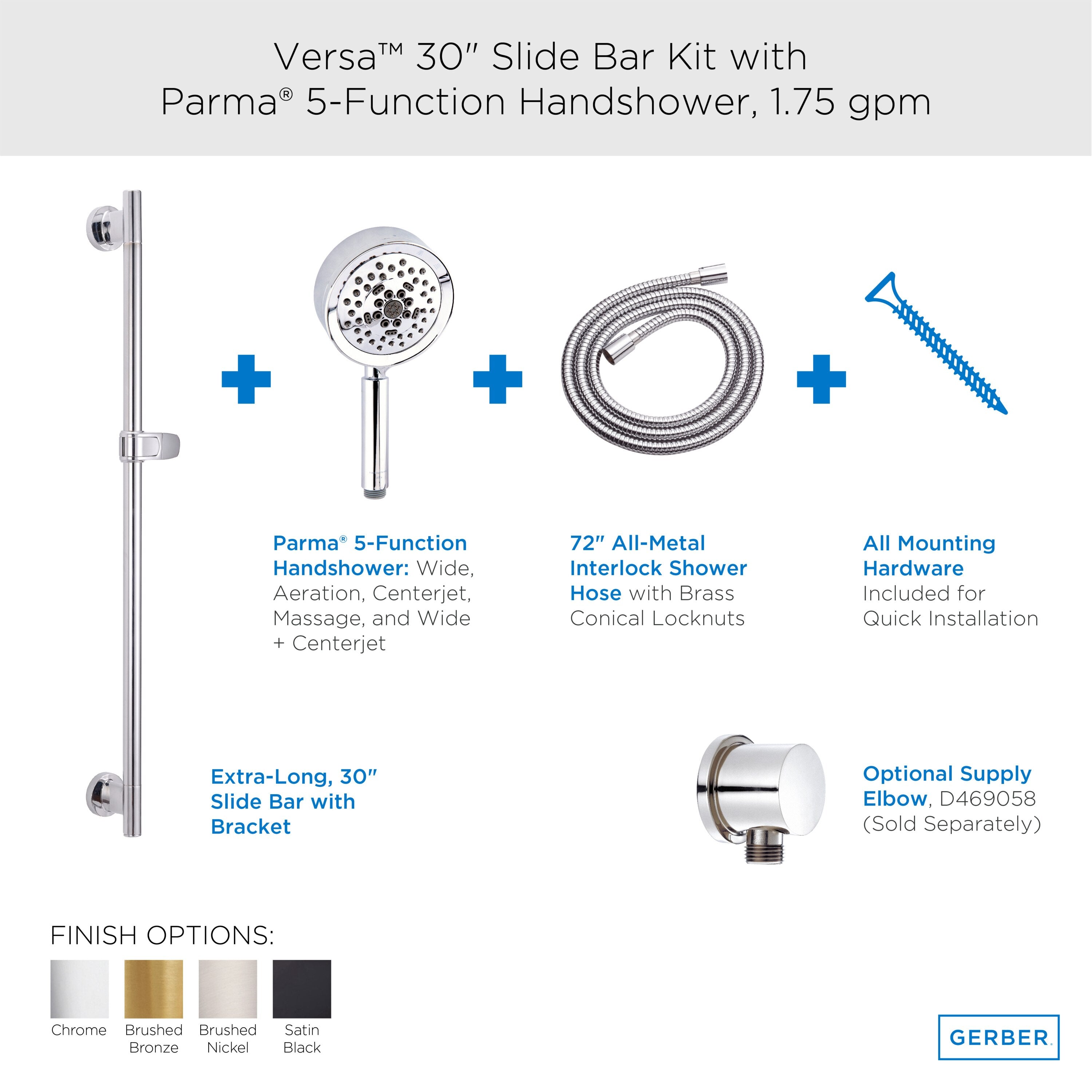 Versa™ 30" Slide Bar Assembly with Parma® 5-Function Handshower, 1.75gpm