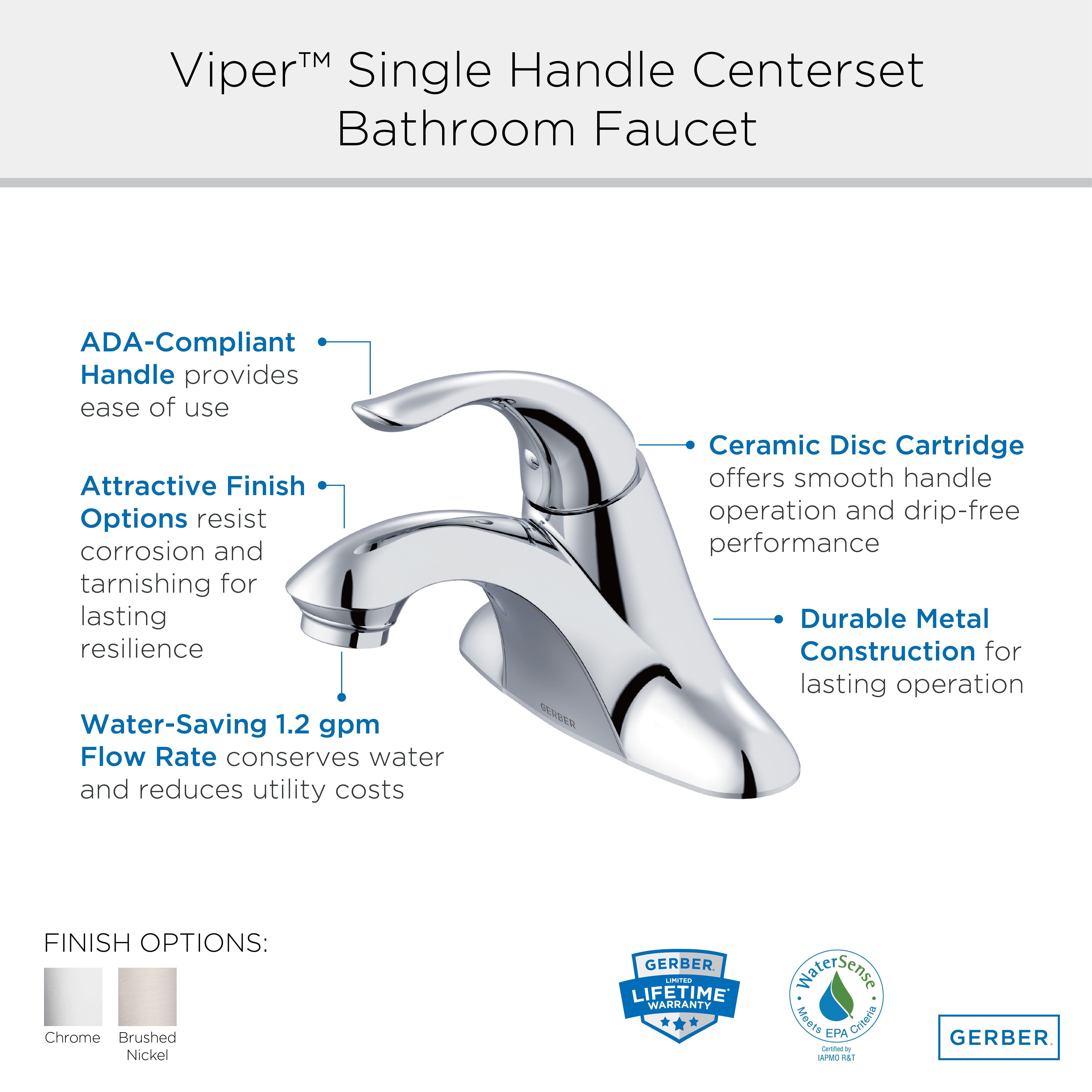 Viper™ Single Handle Centerset Bathroom Faucet with 50/50 Touch-Down Drain