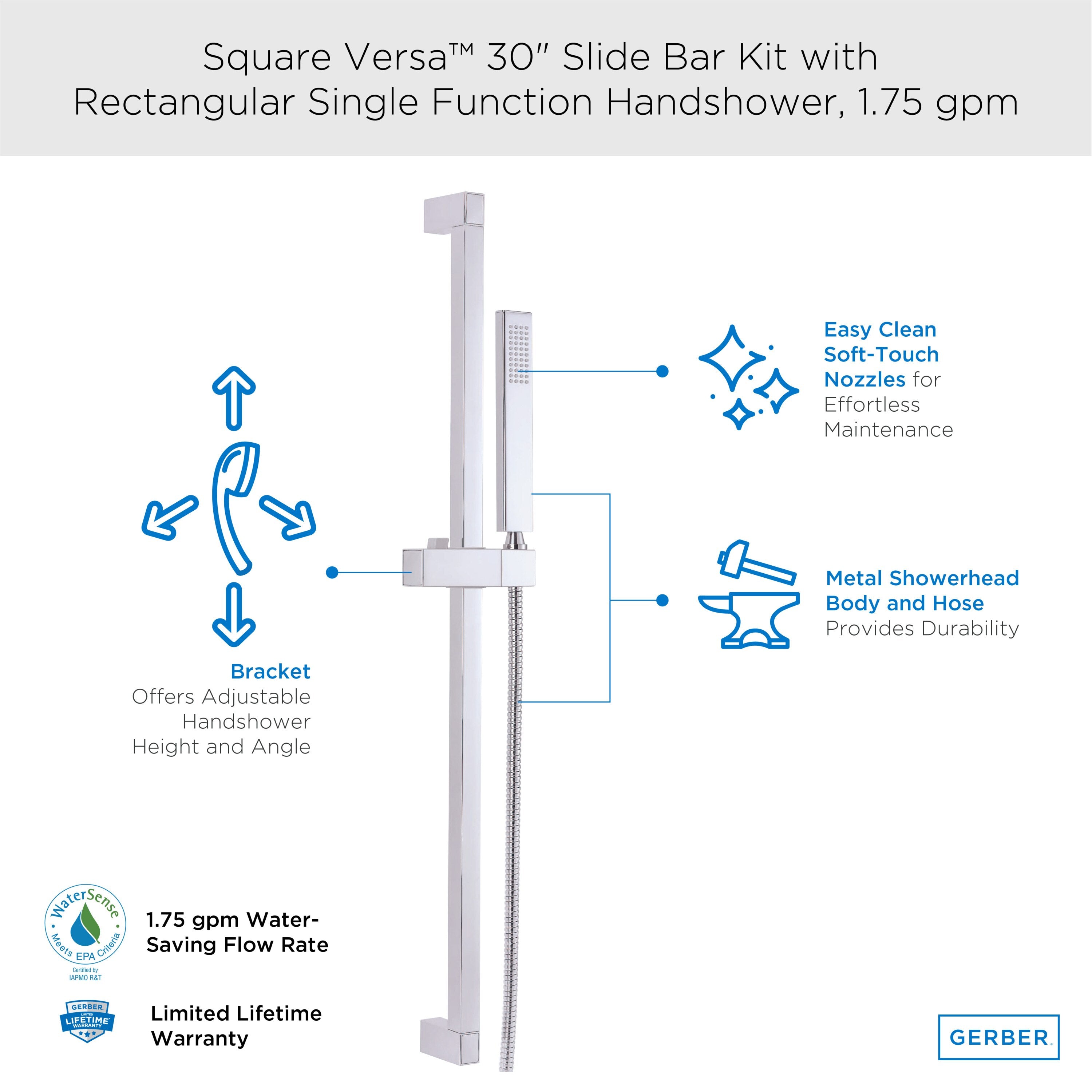 Versa™ Square 30" Slide Bar Assembly with Single Function Rectangular Handshower, 1.75gpm