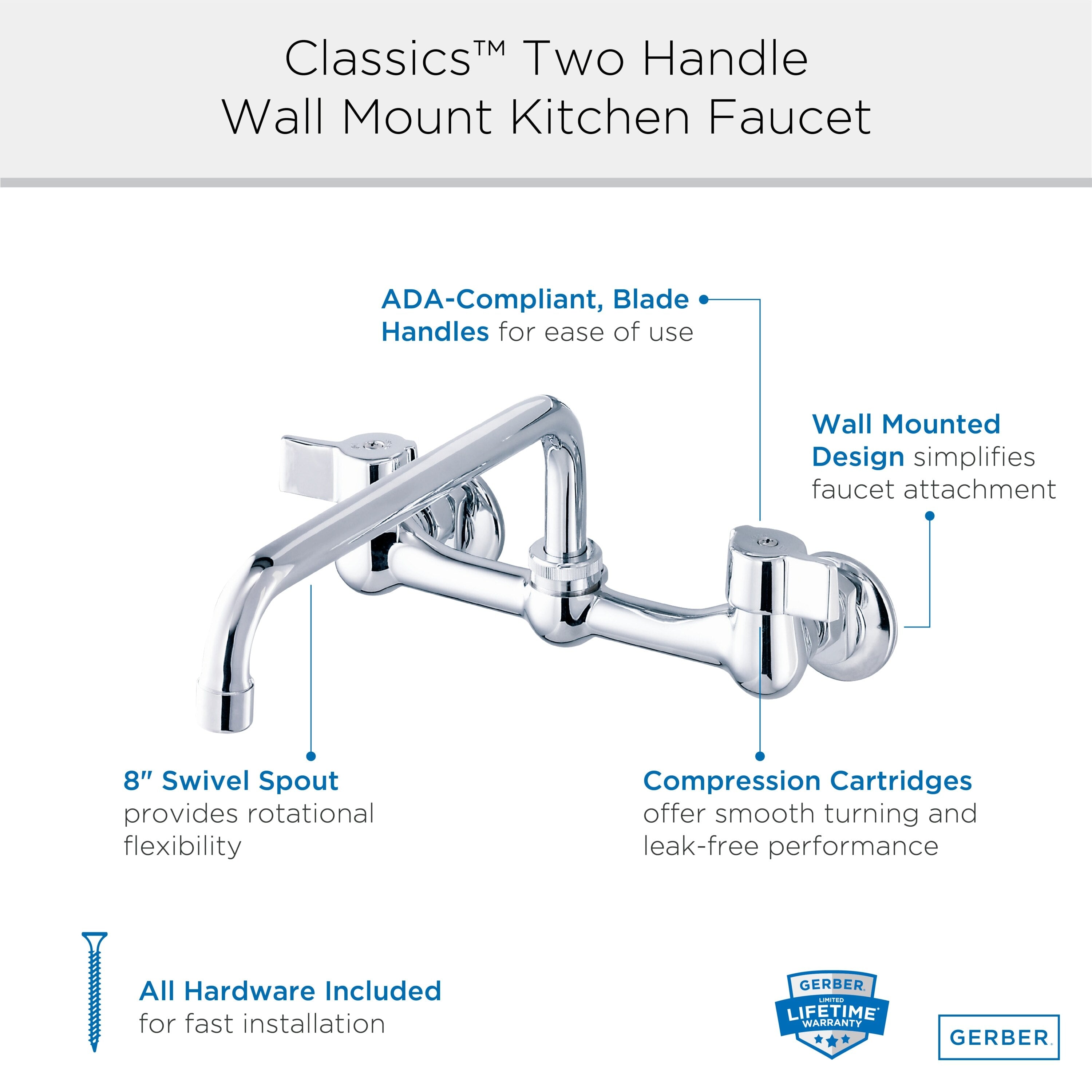 Gerber Classics™ Two Handle Wall Mount Kitchen Faucet with Metal Handles and 8" Swing Spout