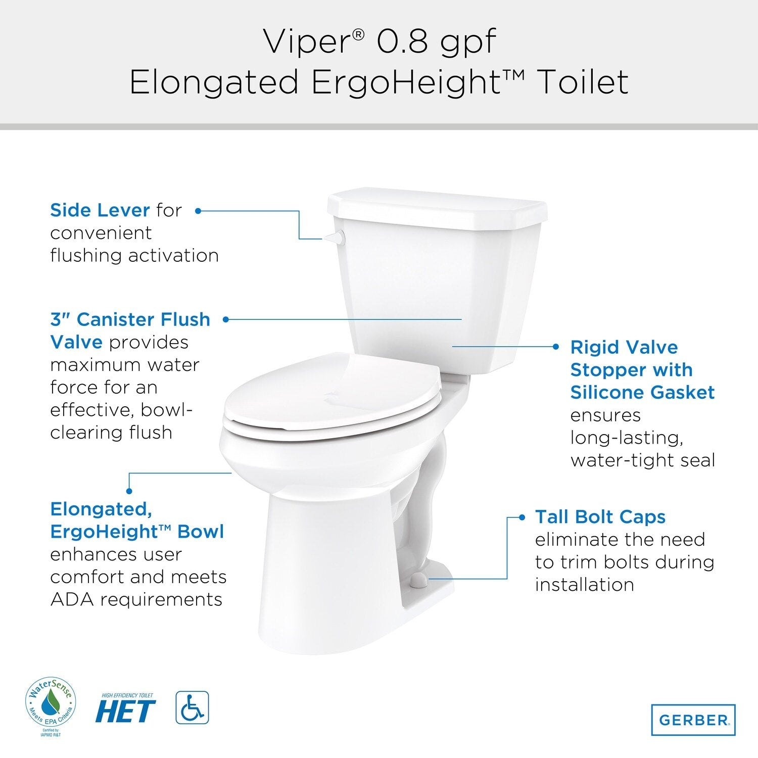 Viper® 0.8 gpf 12” Rough-In Two-Piece Elongated ErgoHeight™ Toilet with Side Lever