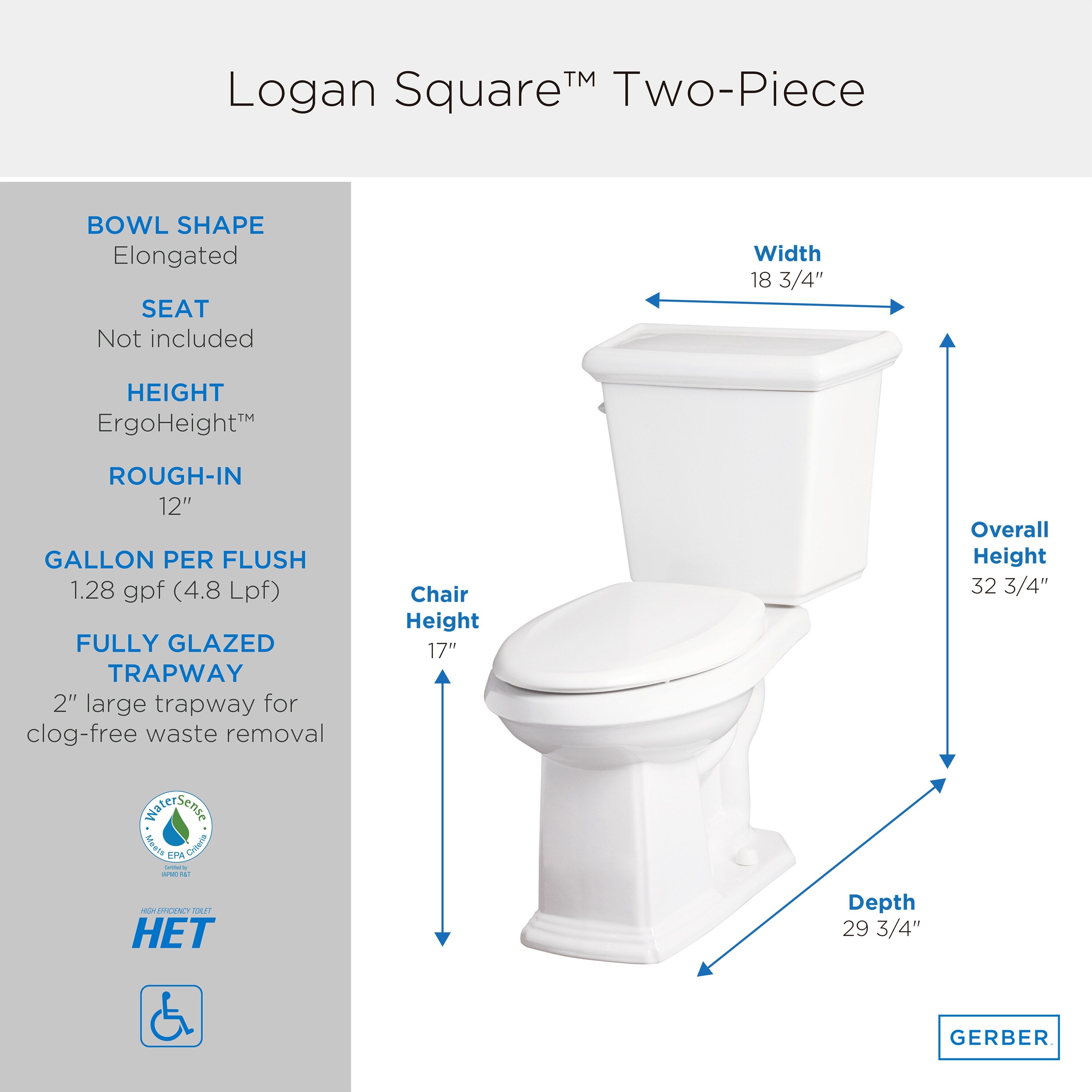 Logan Square™ 1.28 gpf 12" Rough-In  Two-Piece Elongated ErgoHeight™ Toilet