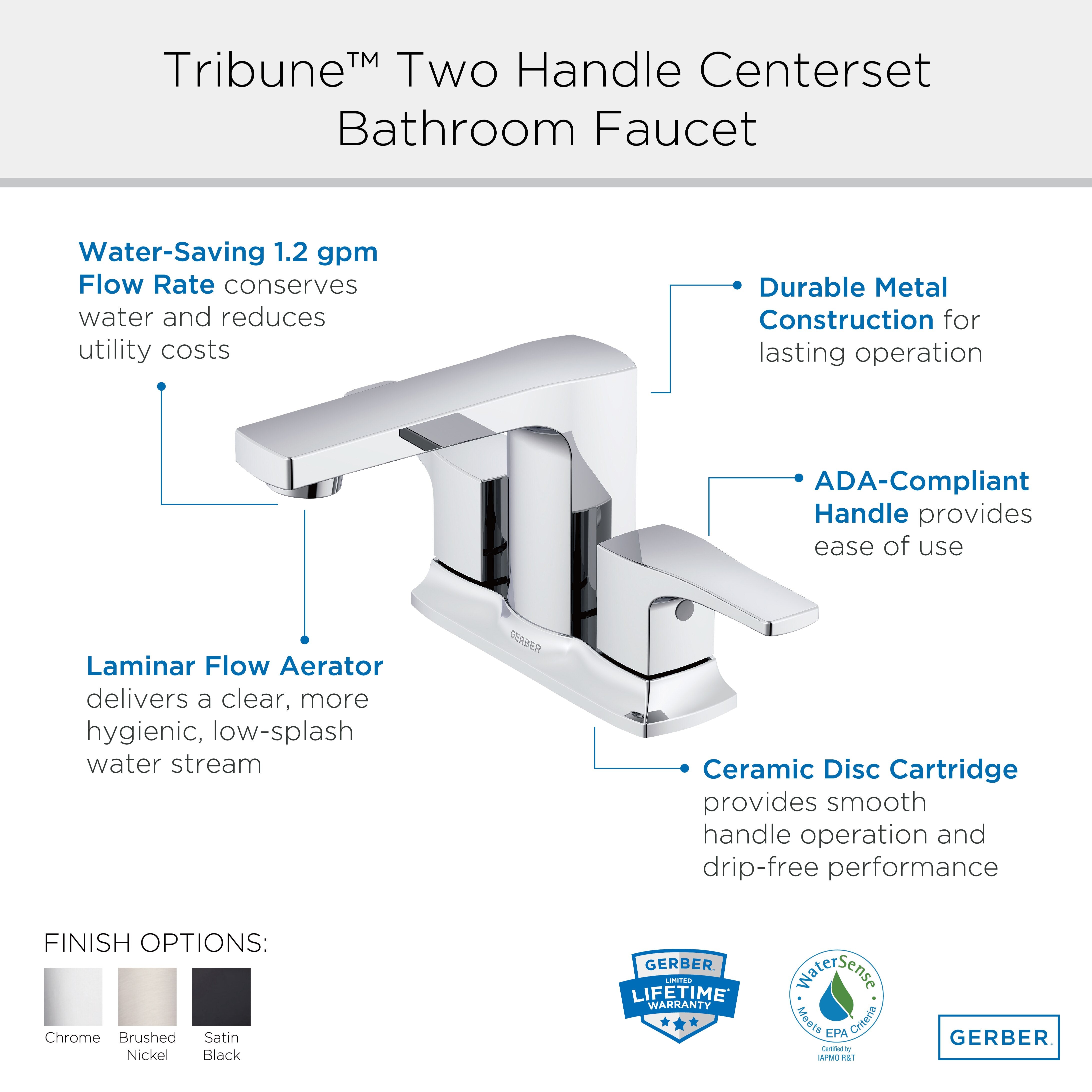 Tribune® Two Handle Centerset Bathroom  Faucet with Metal Touch-Down Drain
