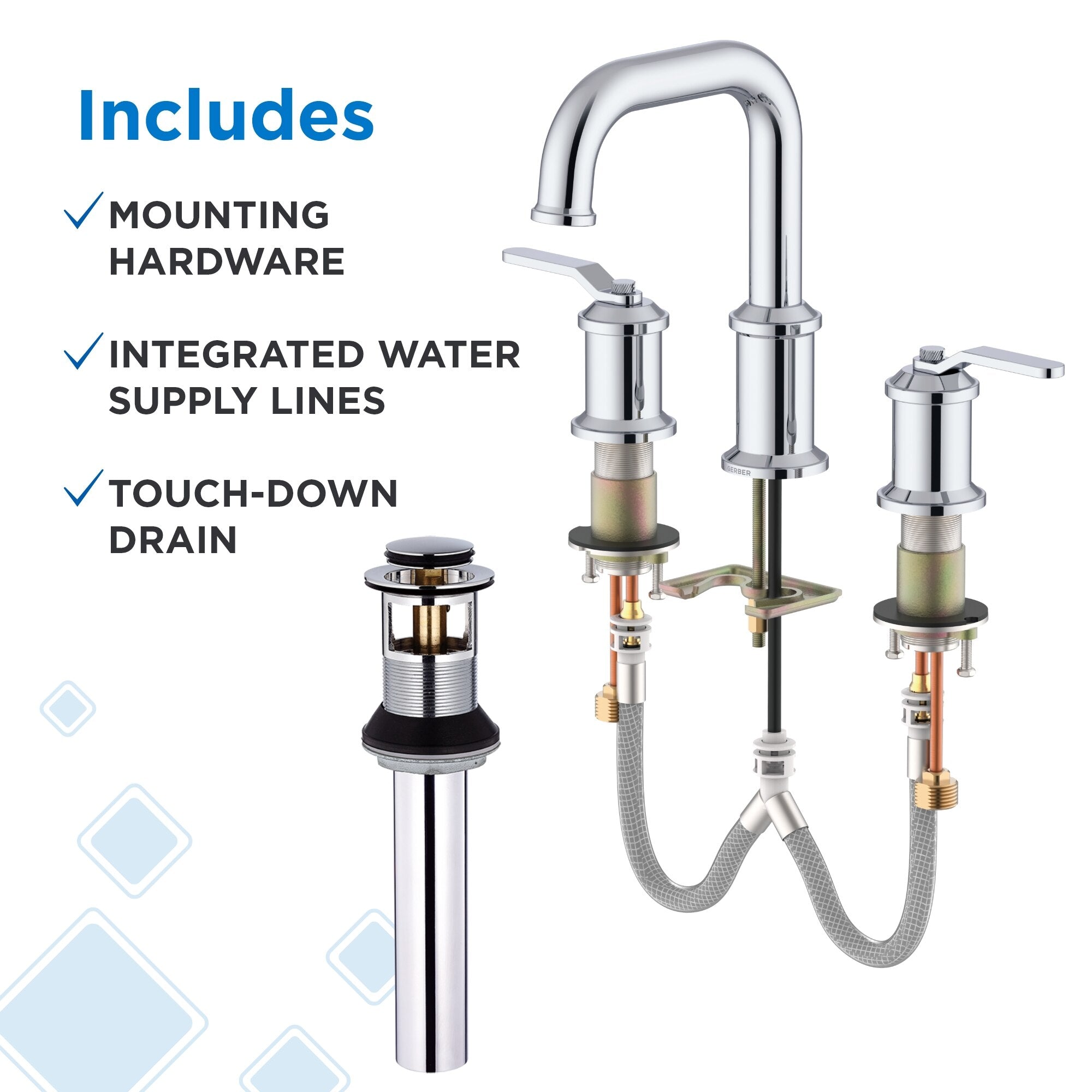 Kinzie® Two Handle Widespread Bathroom Faucet with Metal Touch-Down Drain