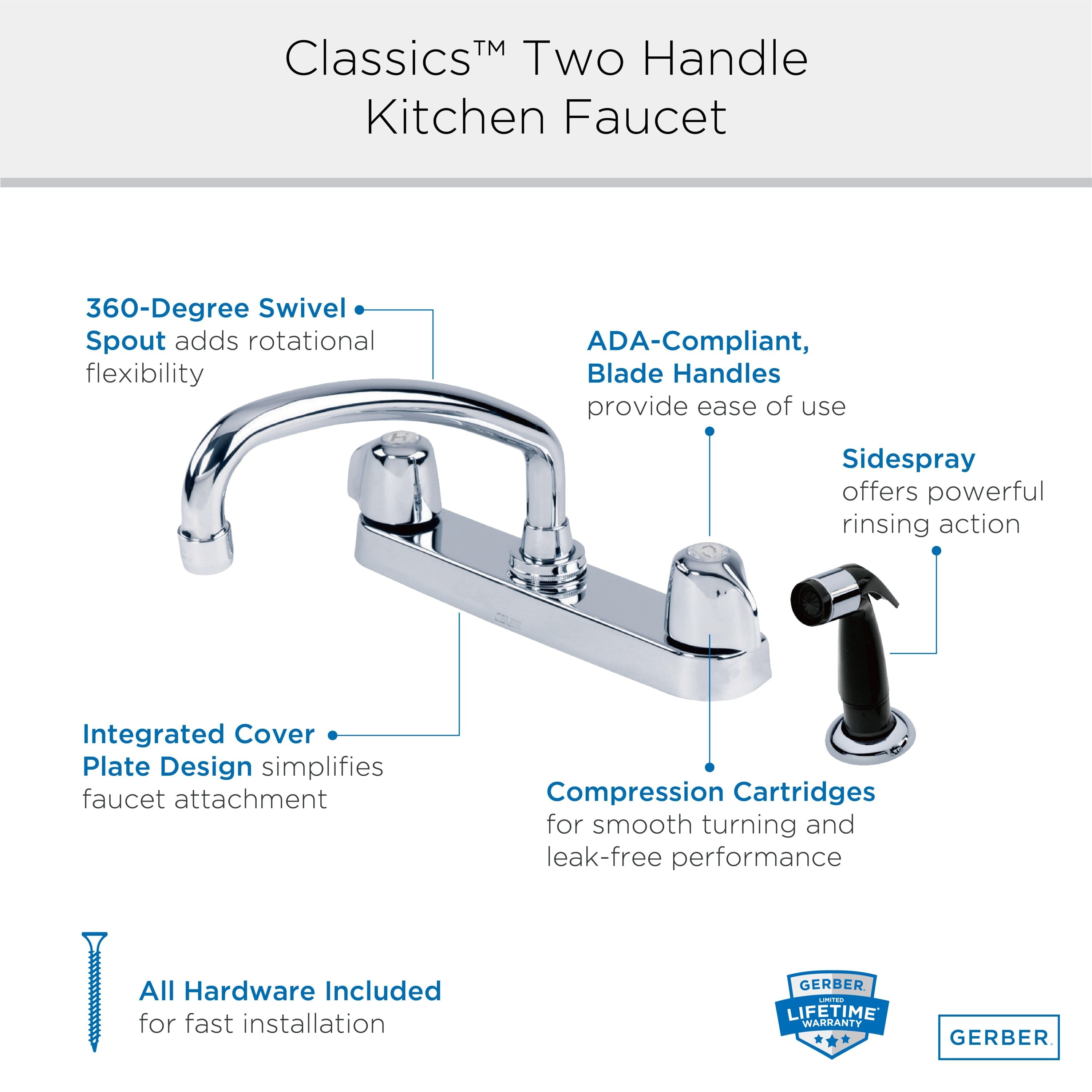 Gerber Classics™ Two Handle Cover Plate Mounted Kitchen Faucet with Metal Handles, Sidespray, and Tubular Swing Spout