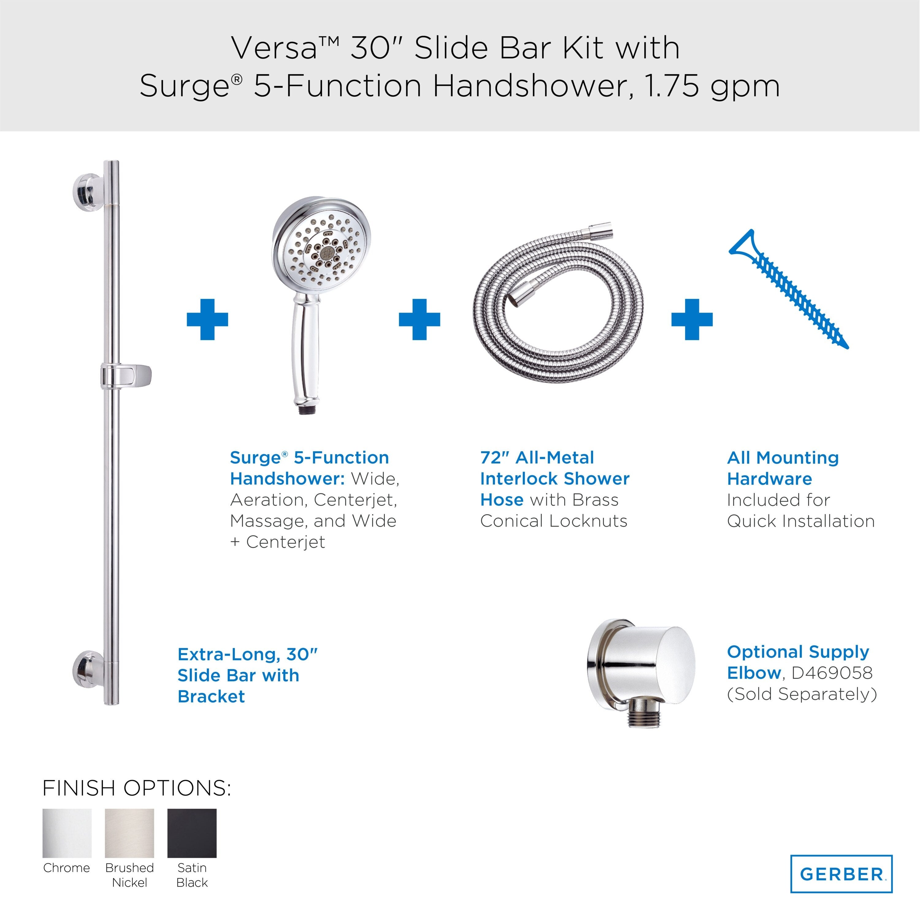Versa™ 30" Slide Bar Assembly with Surge® 5-Function Handshower, 1.75gpm