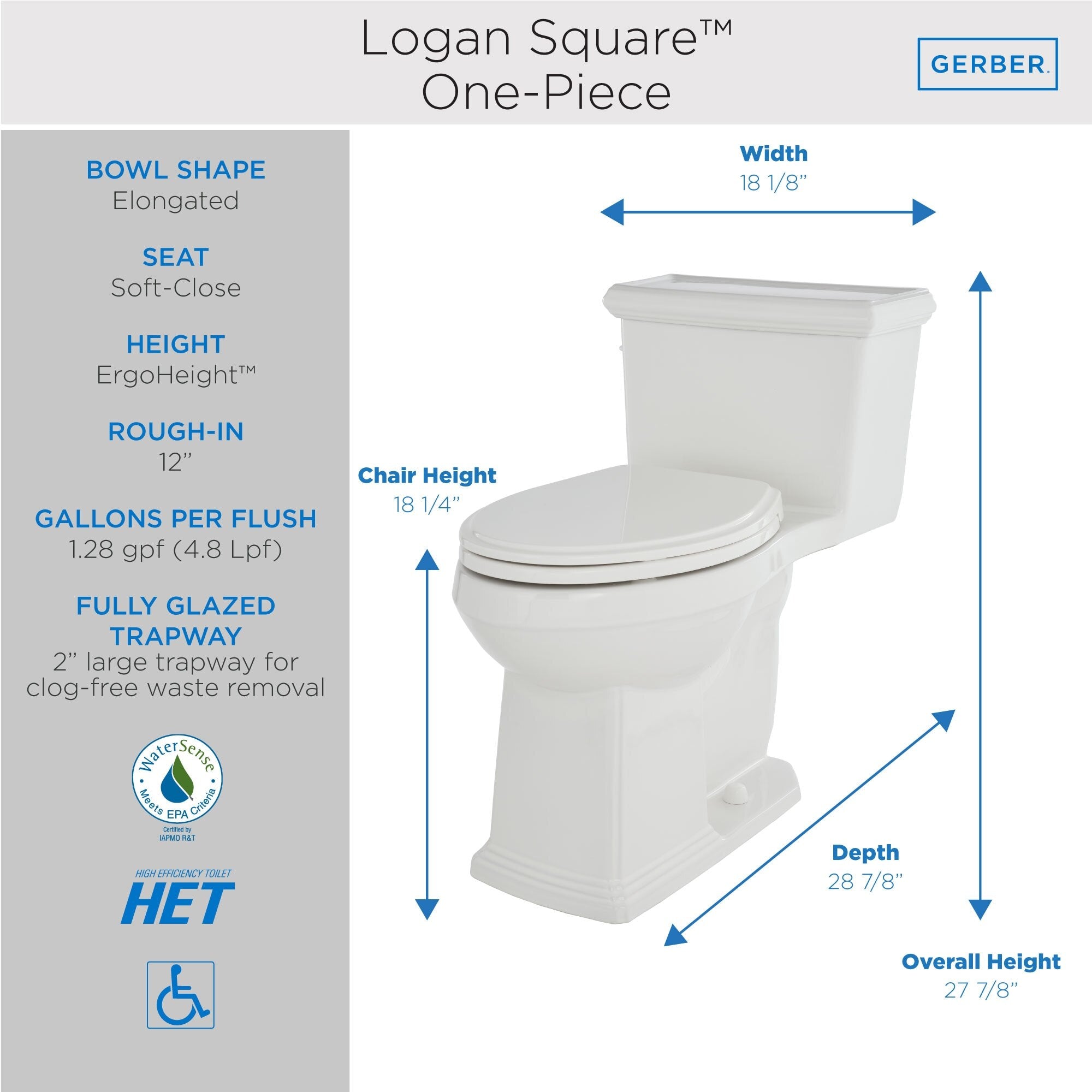 Logan Square™ 1.28gpf 12" Rough-In One-Piece Elongated ErgoHeight™ Toilet